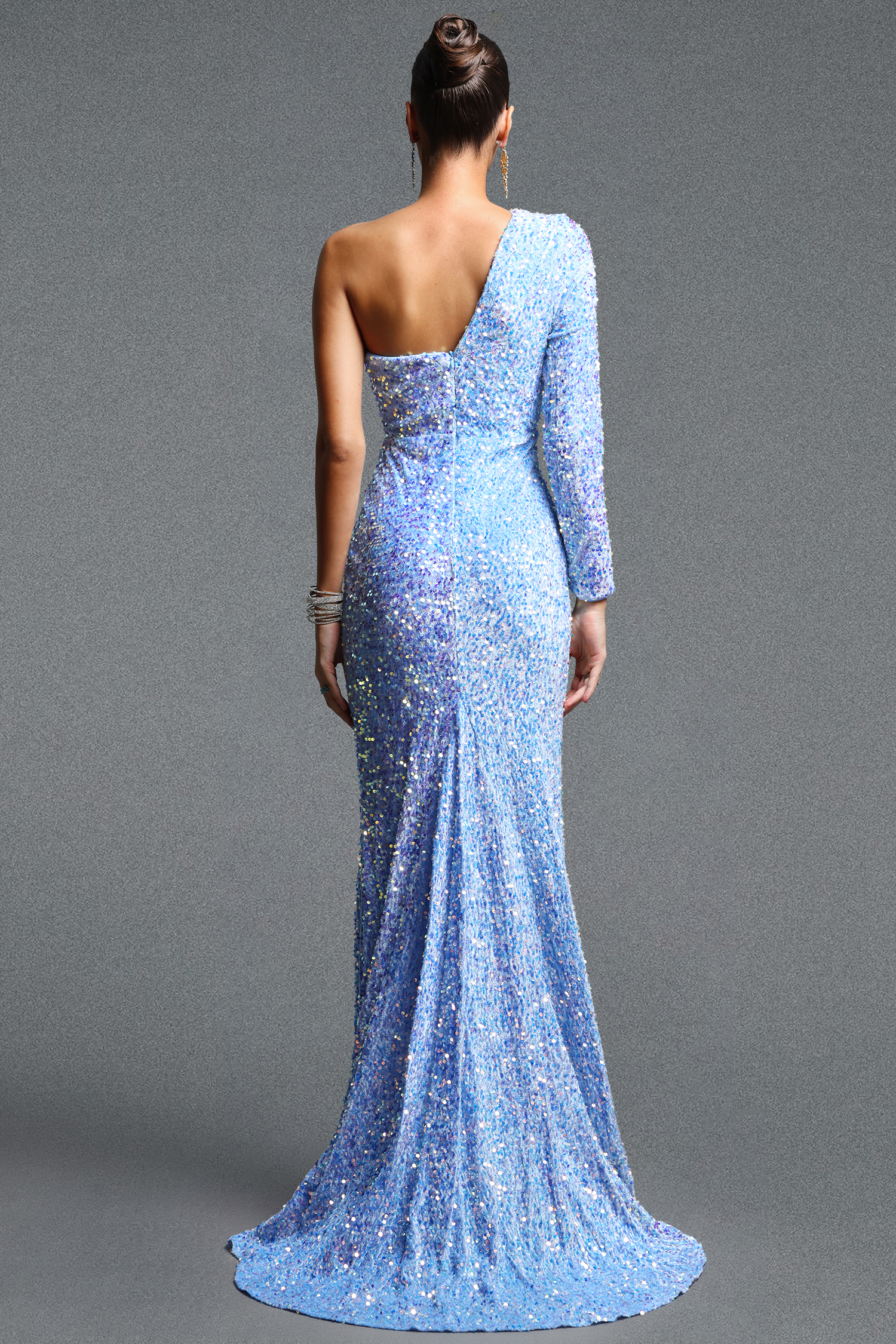 Petra Elegant Contour One Shoulder V Neck Asymmtrical Sequin Maxi Dress