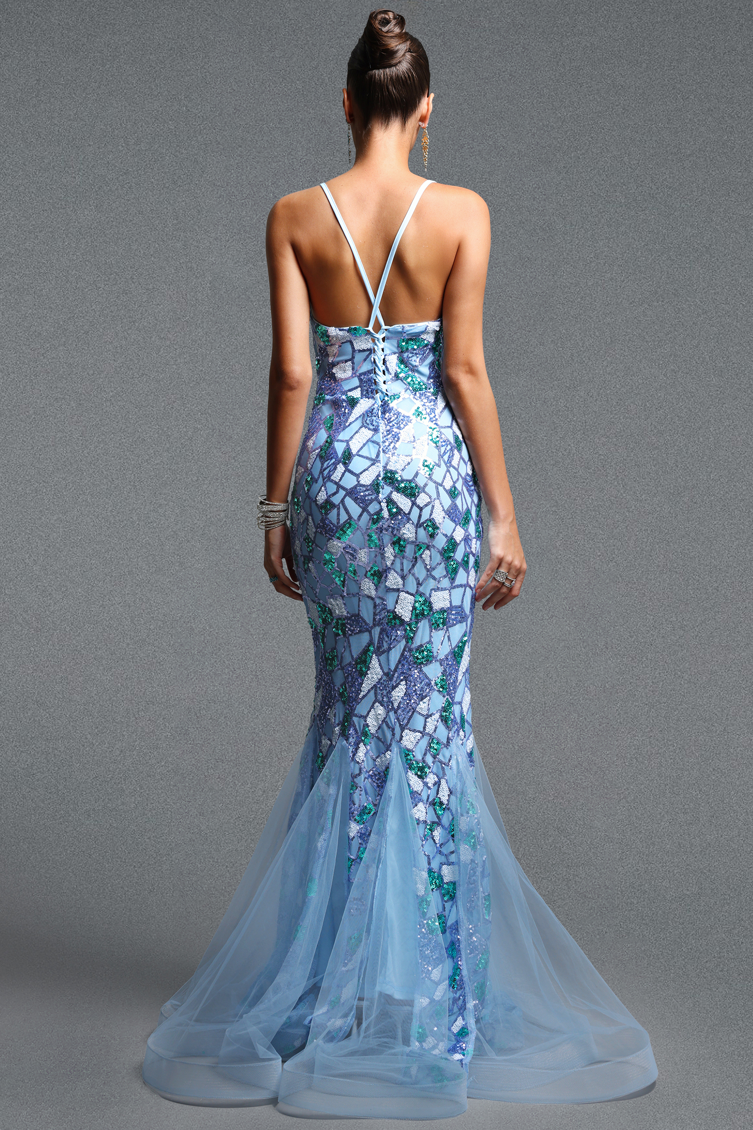 Sukia Gorgeous Contour Strap V Neck Sequin Slit Maxi Dress