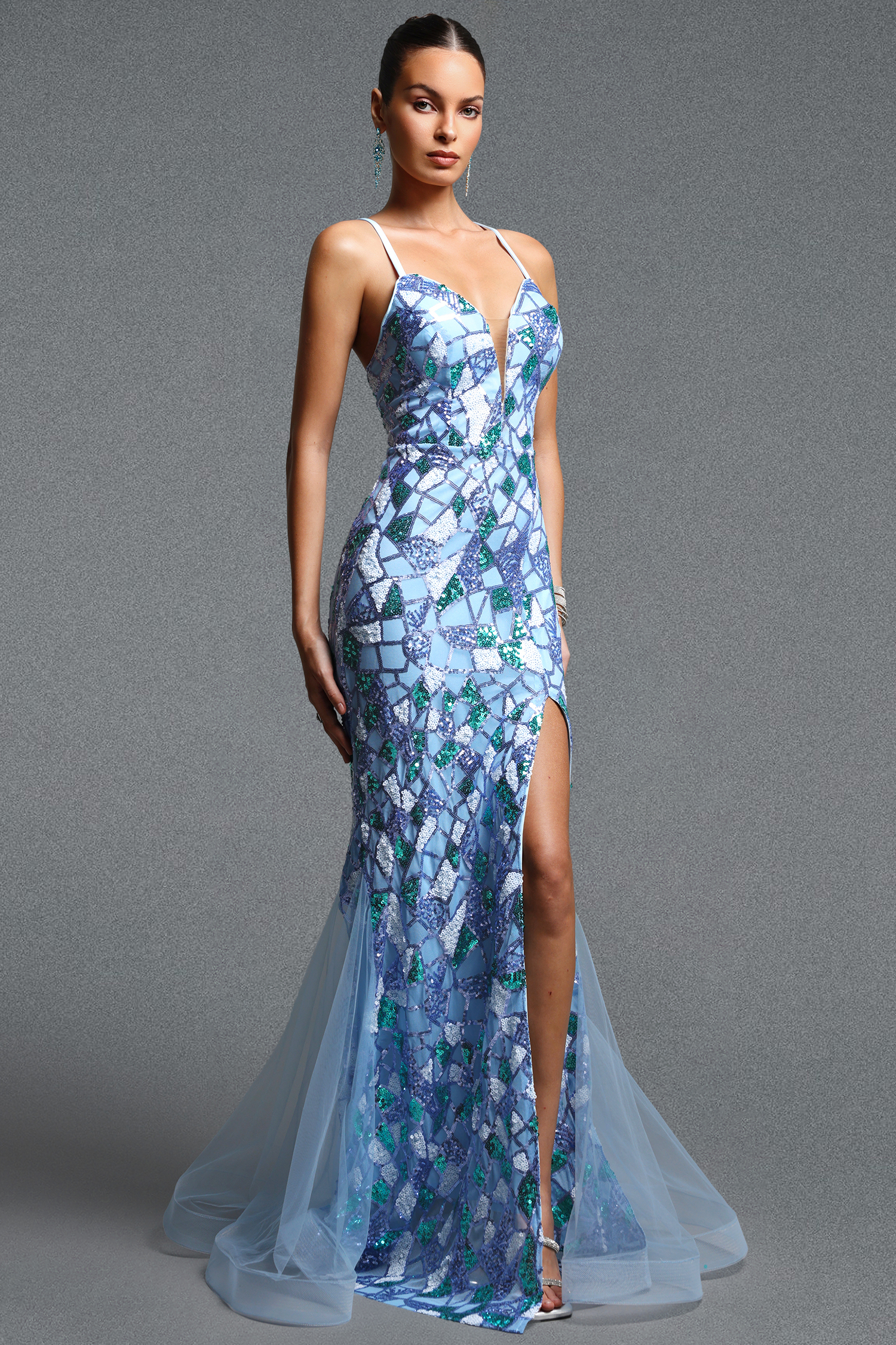 Sukia Gorgeous Contour Strap V Neck Sequin Slit Maxi Dress