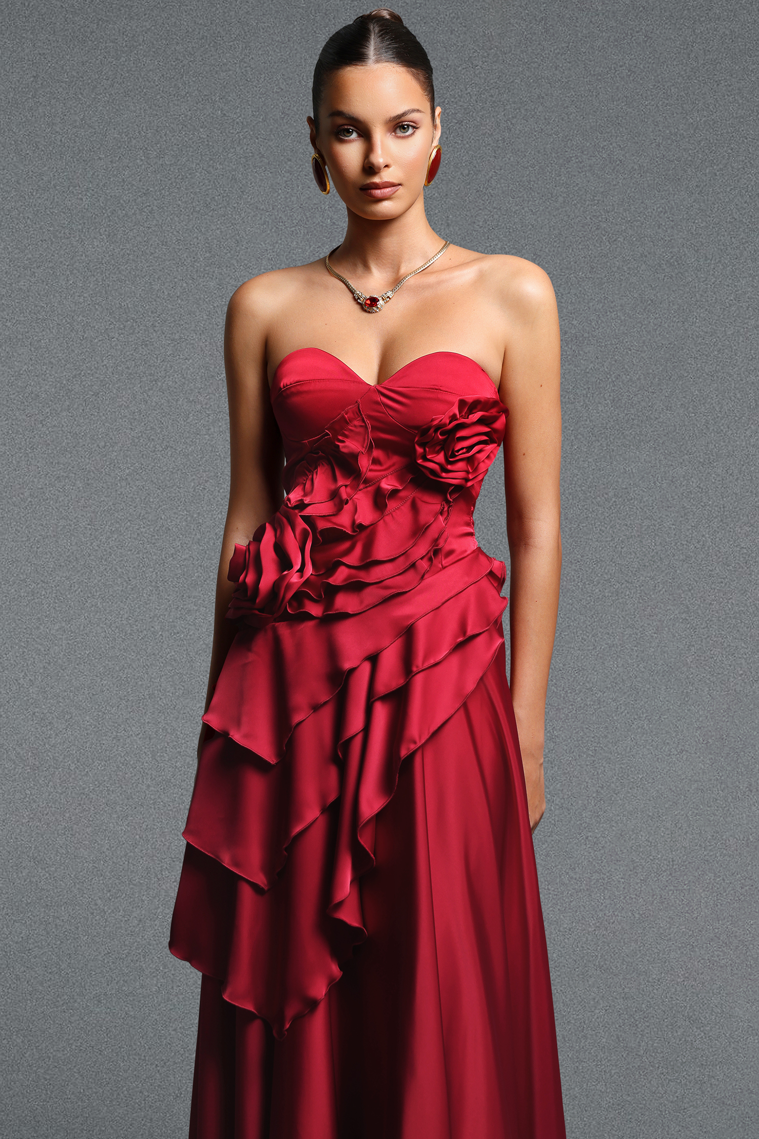 Saraja Classic Flowy Strapless Floral Ruched Maxi Dress