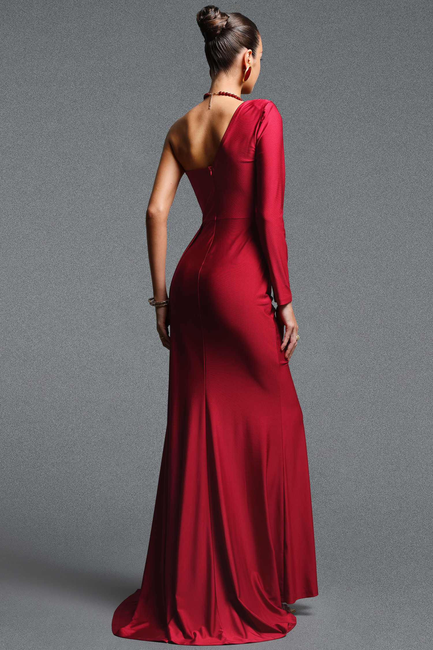 Piaka Elegant Contour One Shoulder Long Sleeve Ruched Sash Maxi Dress