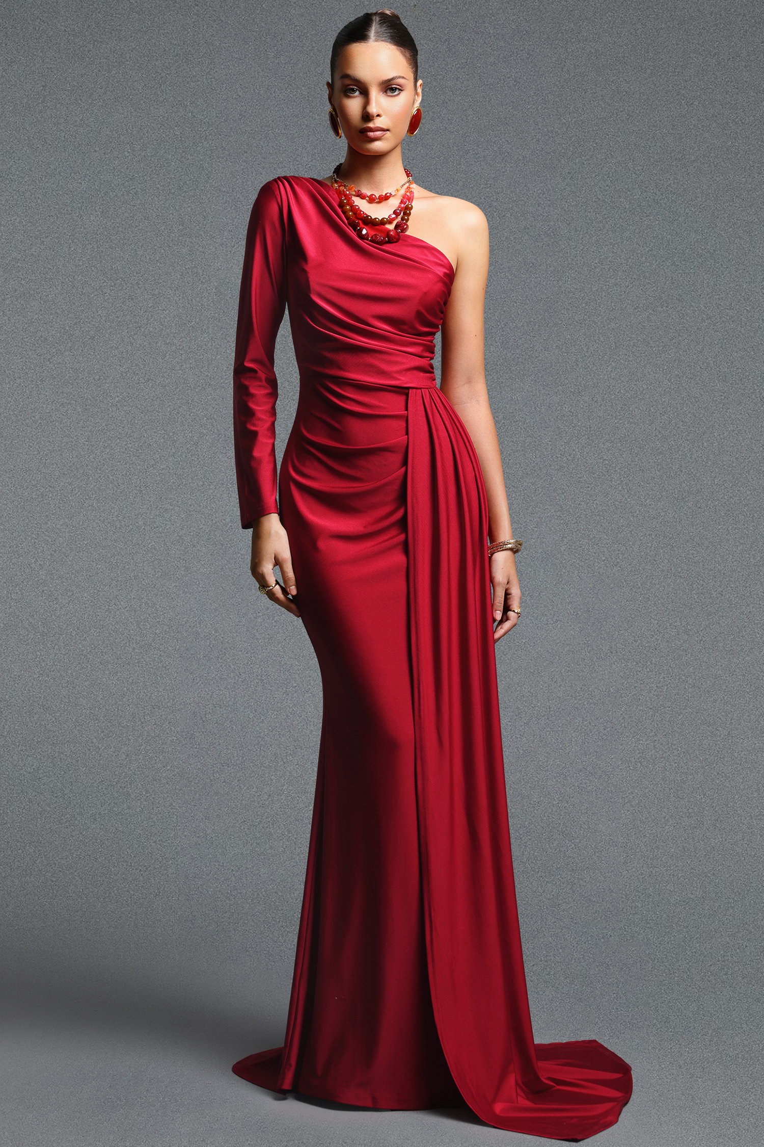 Piaka Elegant Contour One Shoulder Long Sleeve Ruched Sash Maxi Dress