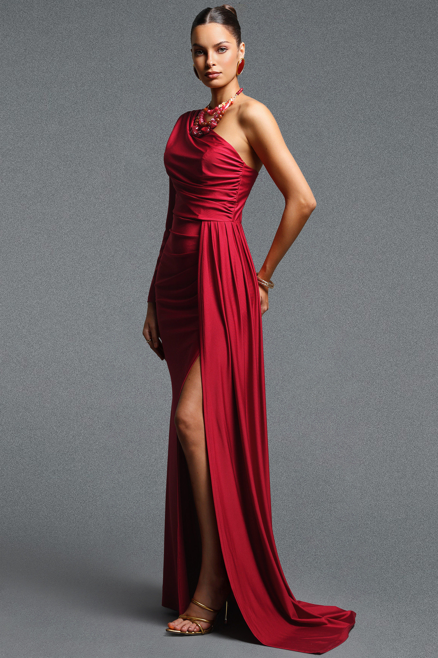 Piaka Elegant Contour One Shoulder Long Sleeve Ruched Sash Maxi Dress