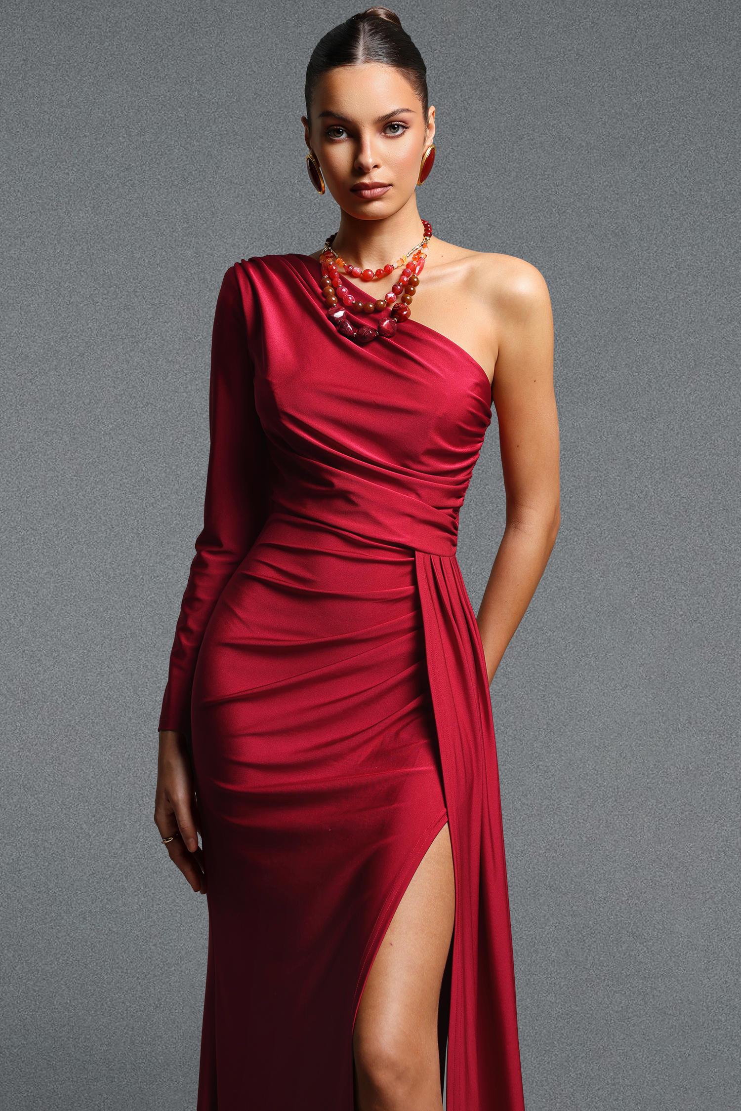 Piaka Elegant Contour One Shoulder Long Sleeve Ruched Sash Maxi Dress