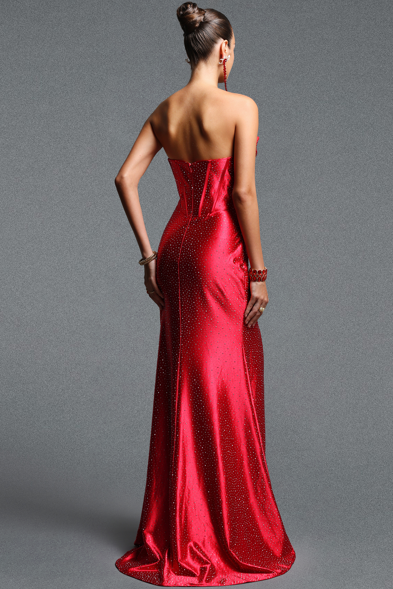 Ferina Classic Sleeveless Rhinestone Ruched Satin Maxi Dress
