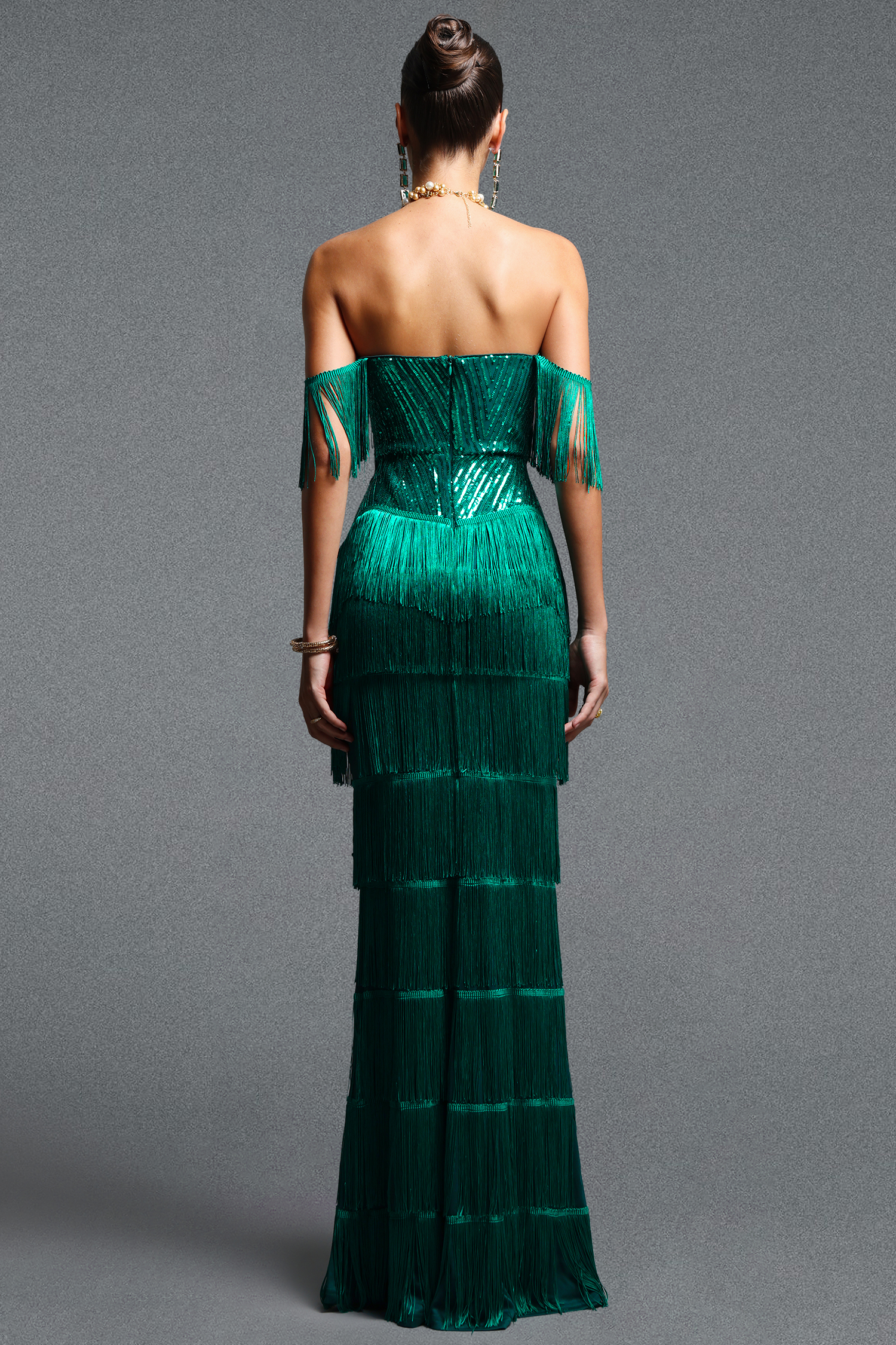 Sierra Glamorous Cinched Waist Sequin Fringe Maxi Dress