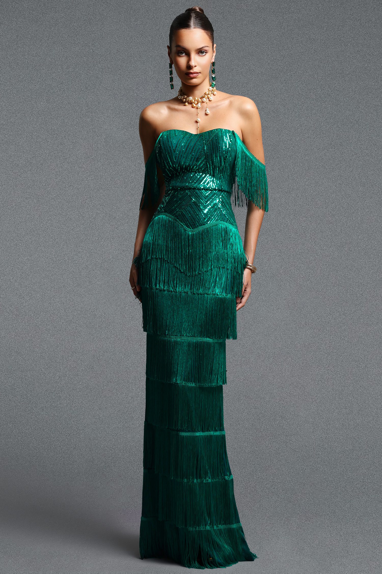 Sierra Glamorous Cinched Waist Sequin Fringe Maxi Dress