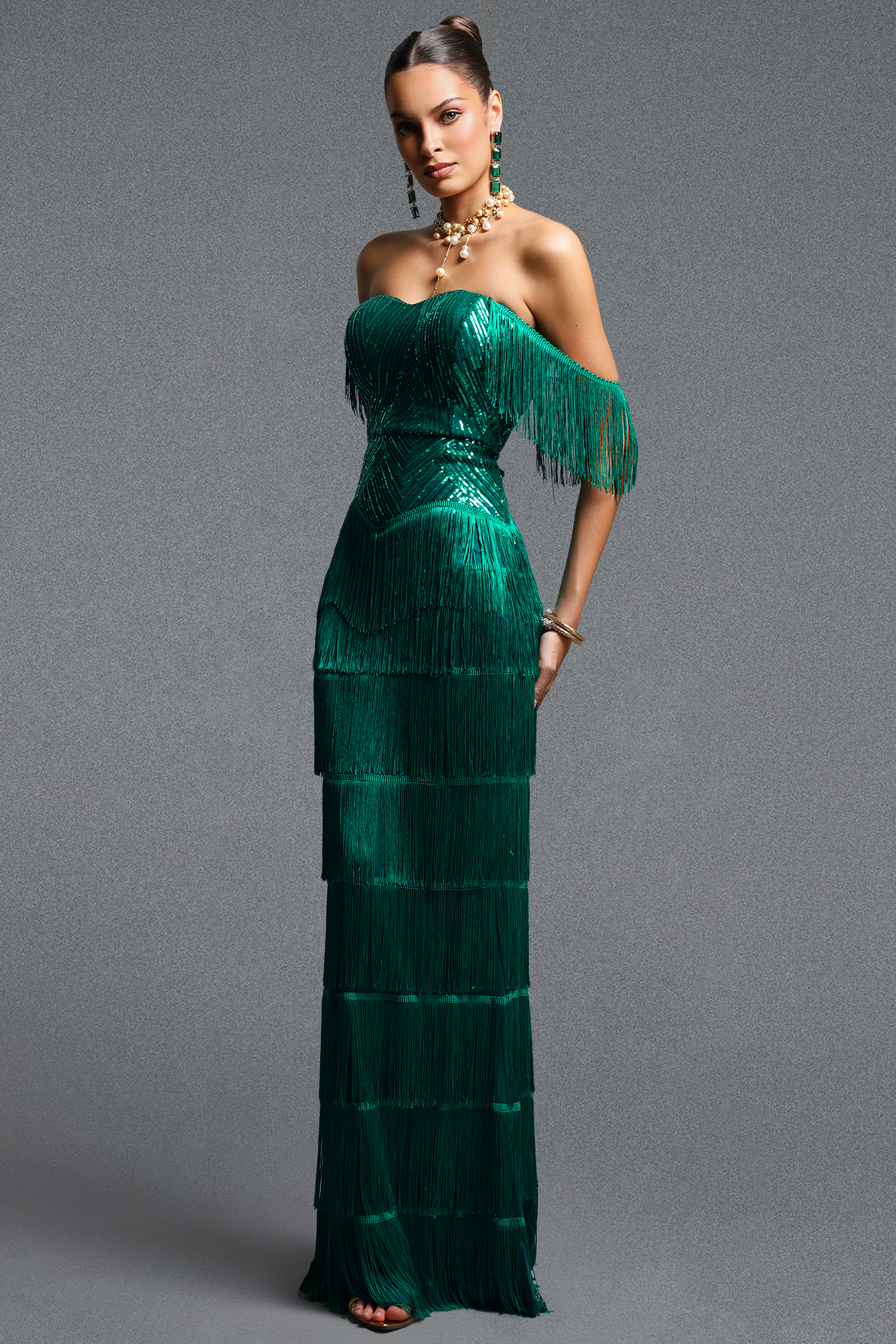 Sierra Glamorous Cinched Waist Sequin Fringe Maxi Dress