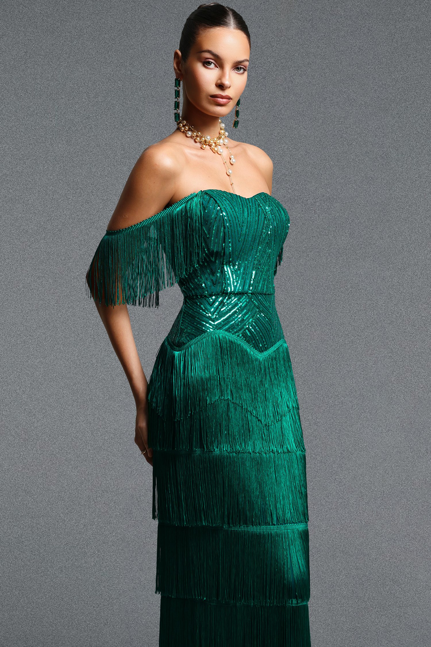 Sierra Glamorous Cinched Waist Sequin Fringe Maxi Dress