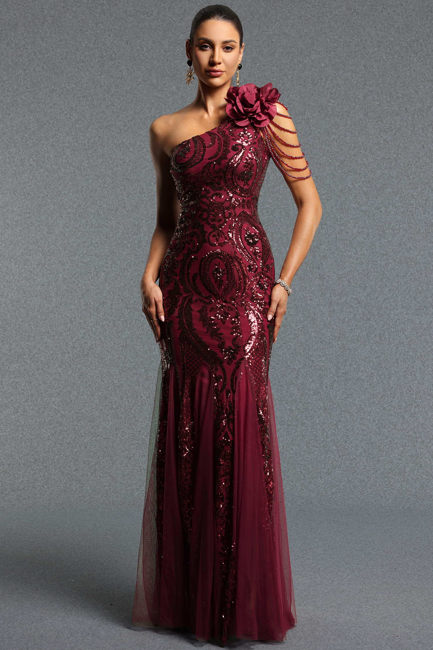Rae Elegant Contour One Shoulder Floral Sequin Red Maxi Dress