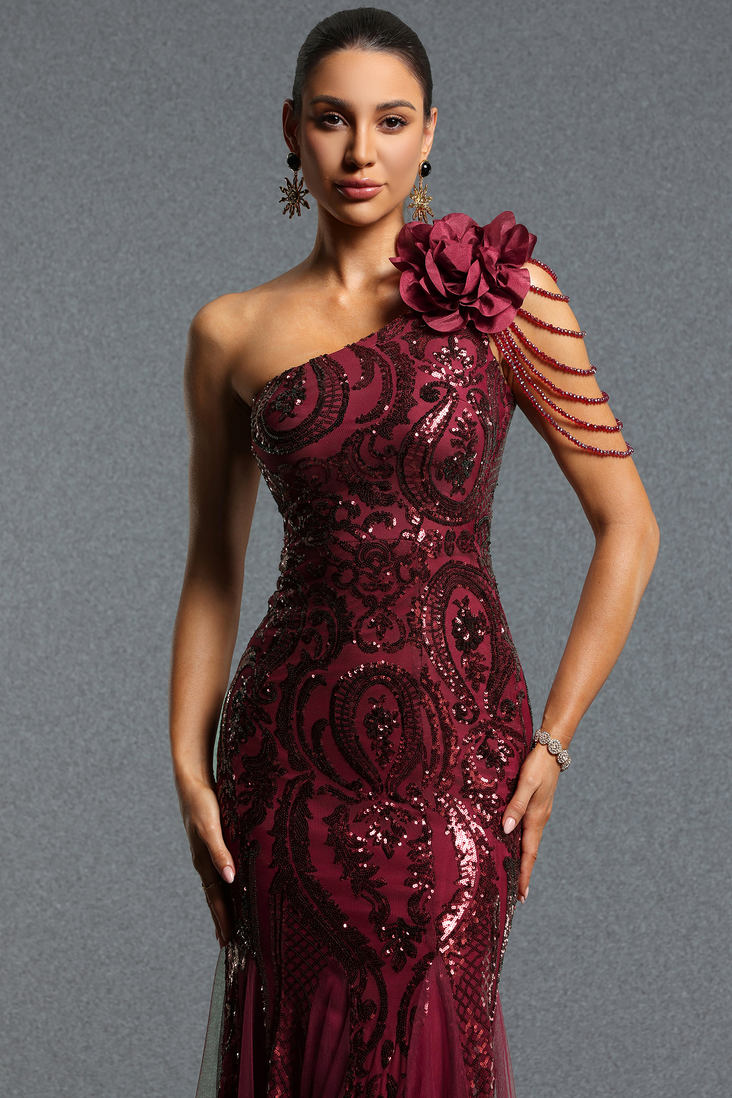 Lliana Classic Halter Sleeveless Feather Rhinestone Pleated Maxi Dress