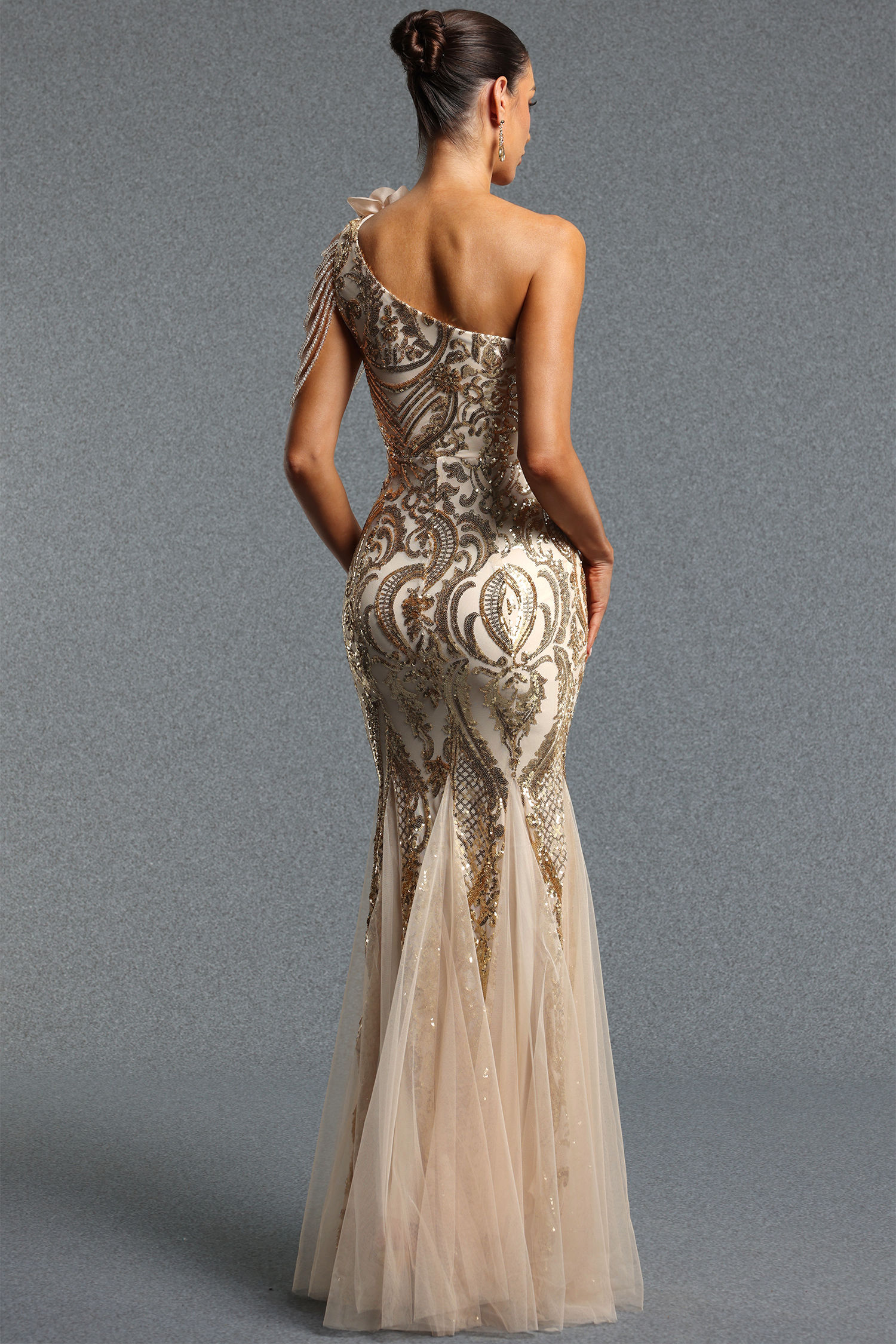 Romelle Elegant Contour One Shoulder Sequin Floral Mesh Maxi Dress