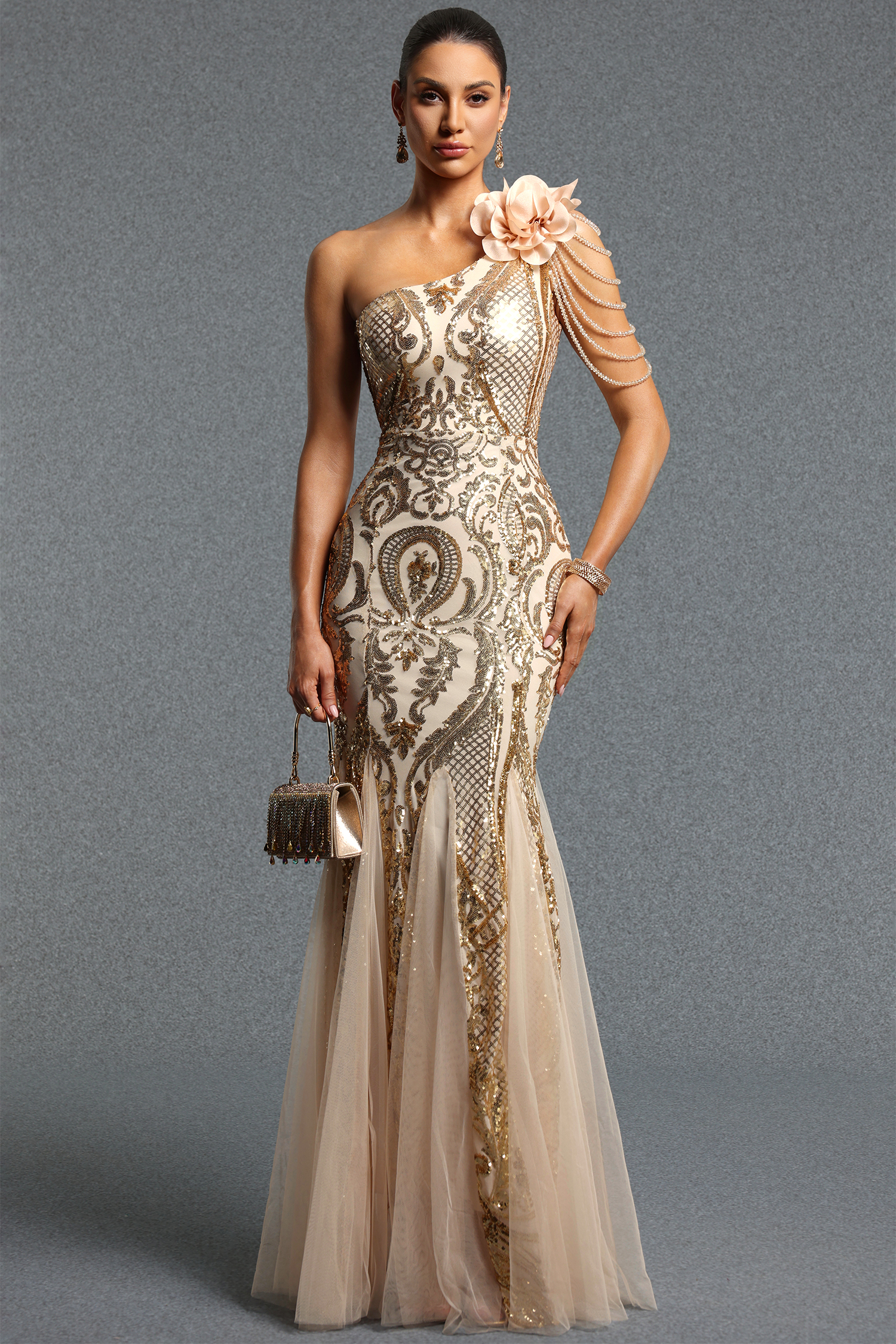 Romelle Elegant Contour One Shoulder Sequin Floral Mesh Maxi Dress