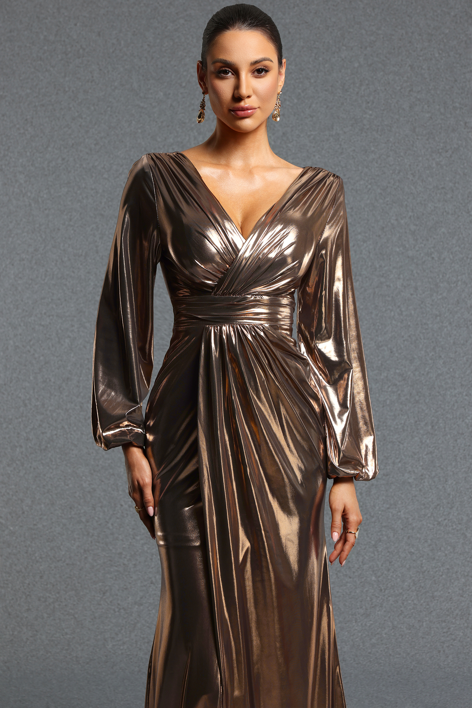 Gayu Elegant Contour V Neck Long Sleeve Ruched Slit Maxi Dress