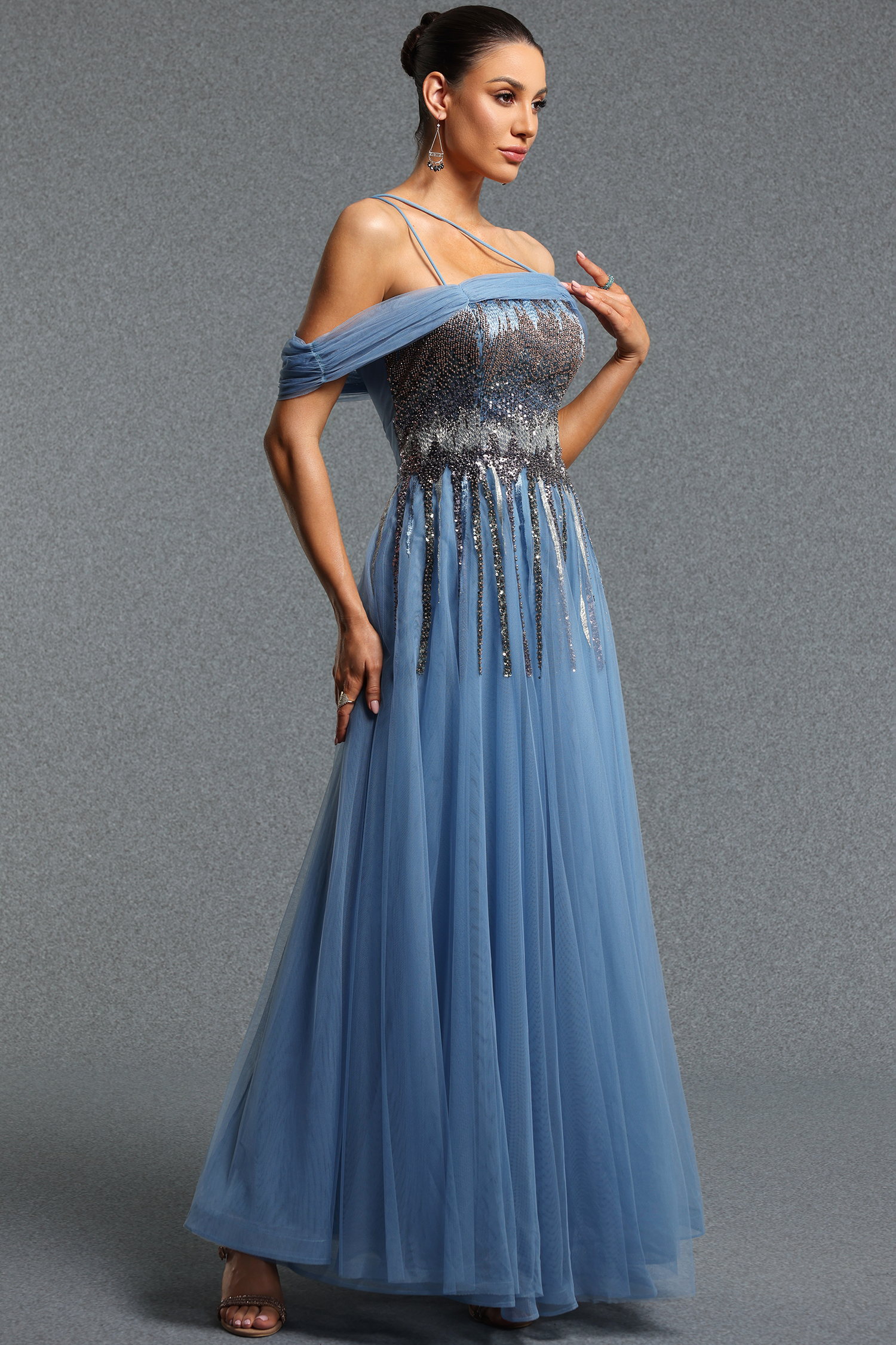 Salita Elegant Flowy Off Shoulder Sequin Ruched Mesh Maxi Dress