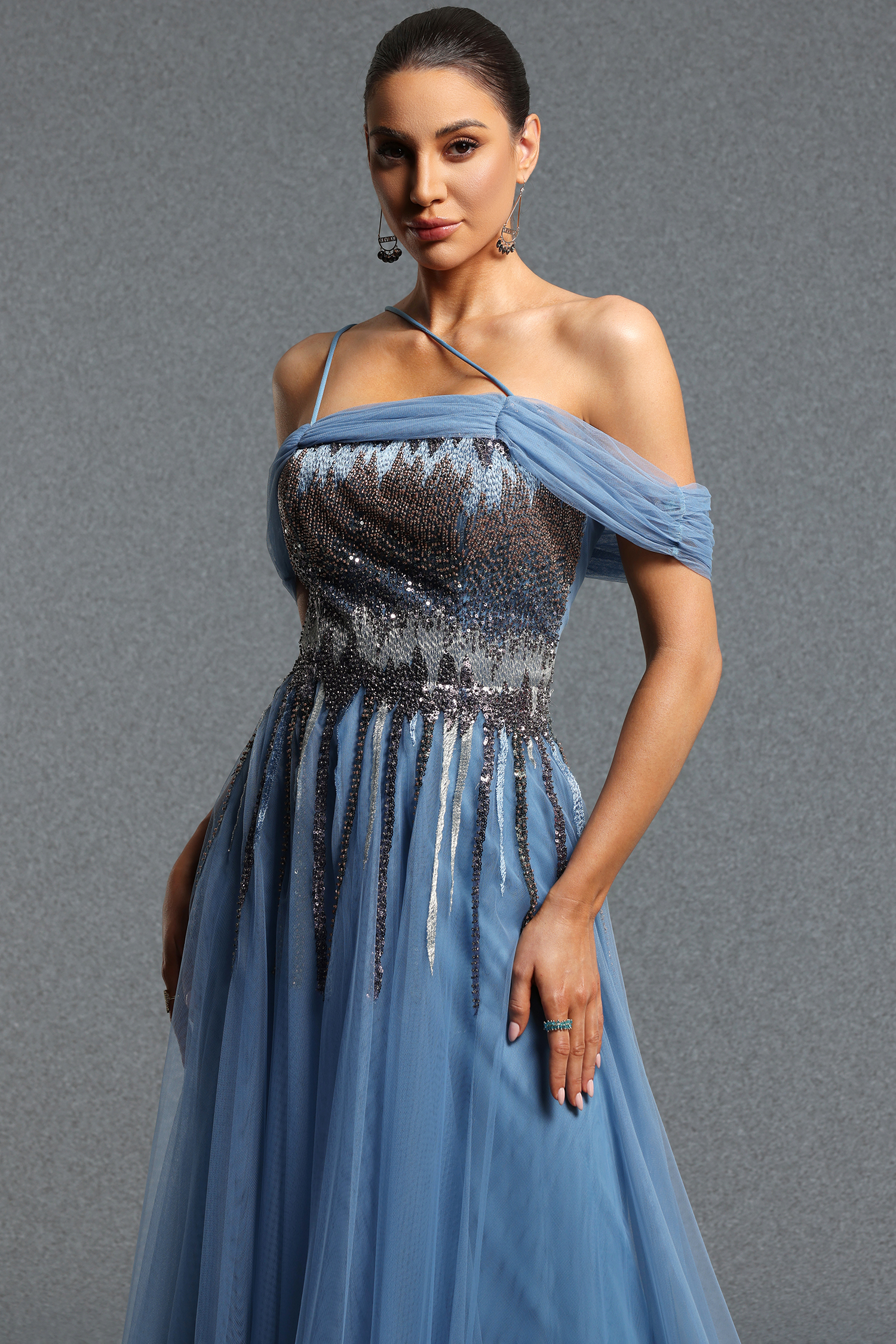 Salita Elegant Flowy Off Shoulder Sequin Ruched Mesh Maxi Dress
