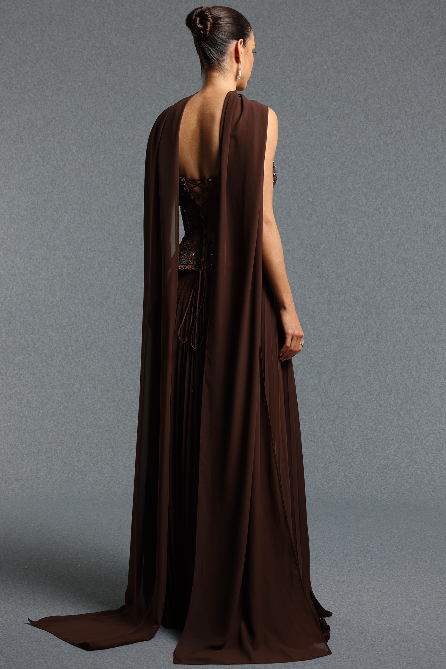 Lafesa Elegant Flowy Strapless Pleated Lace Cape Long Top & Skirt Set