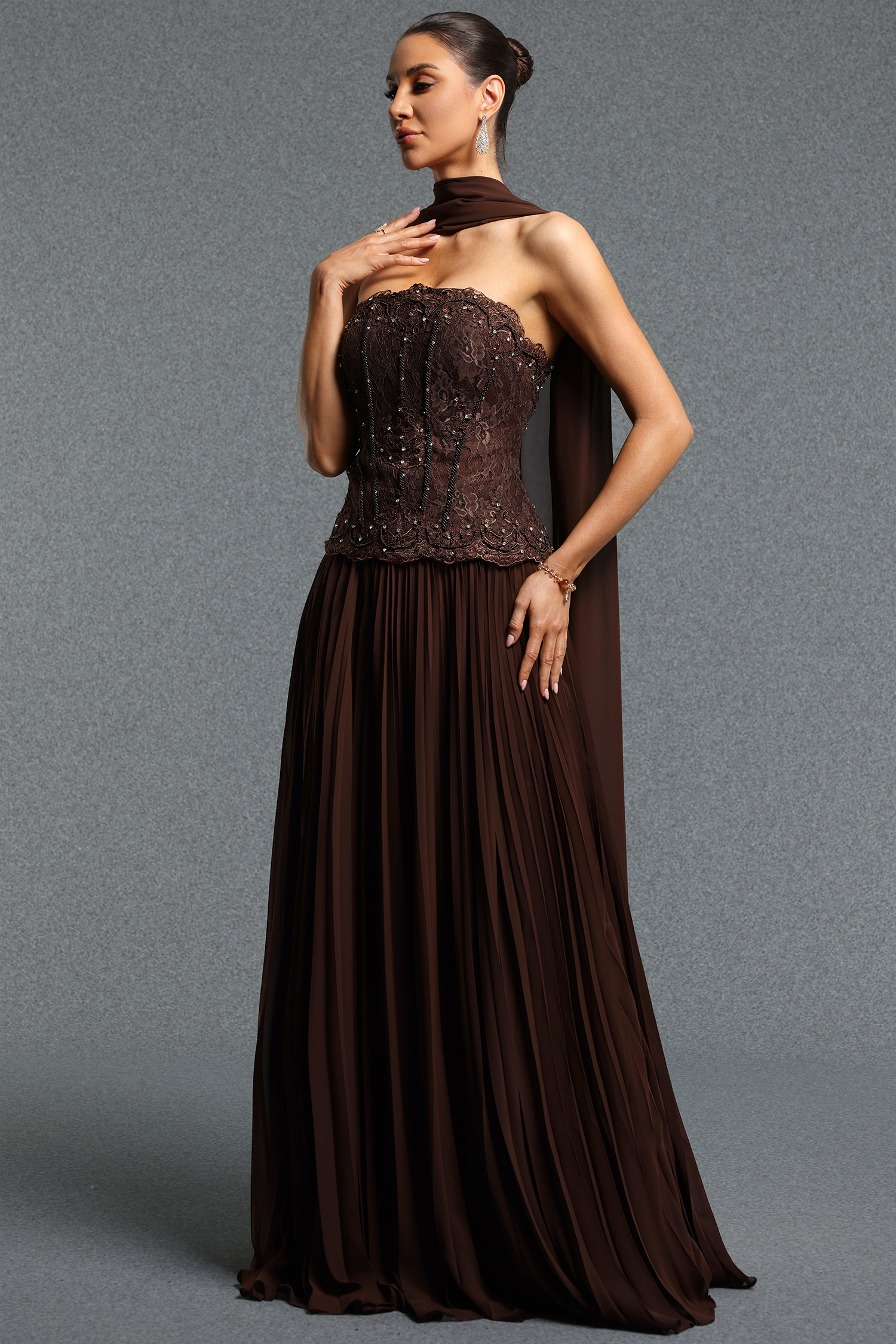 Lafesa Elegant Flowy Strapless Pleated Lace Cape Long Top & Skirt Set