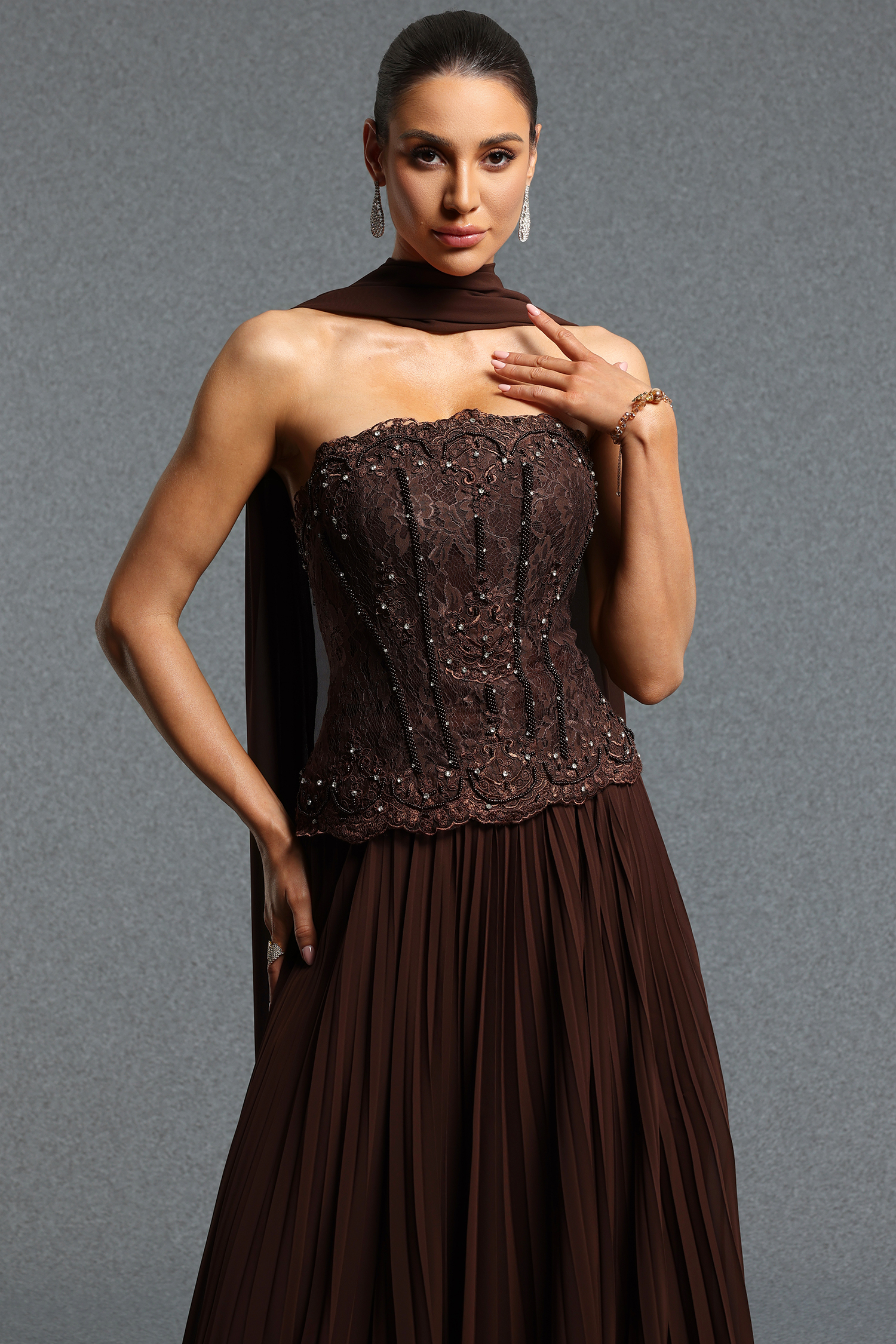 Lafesa Elegant Flowy Strapless Pleated Lace Cape Long Top & Skirt Set