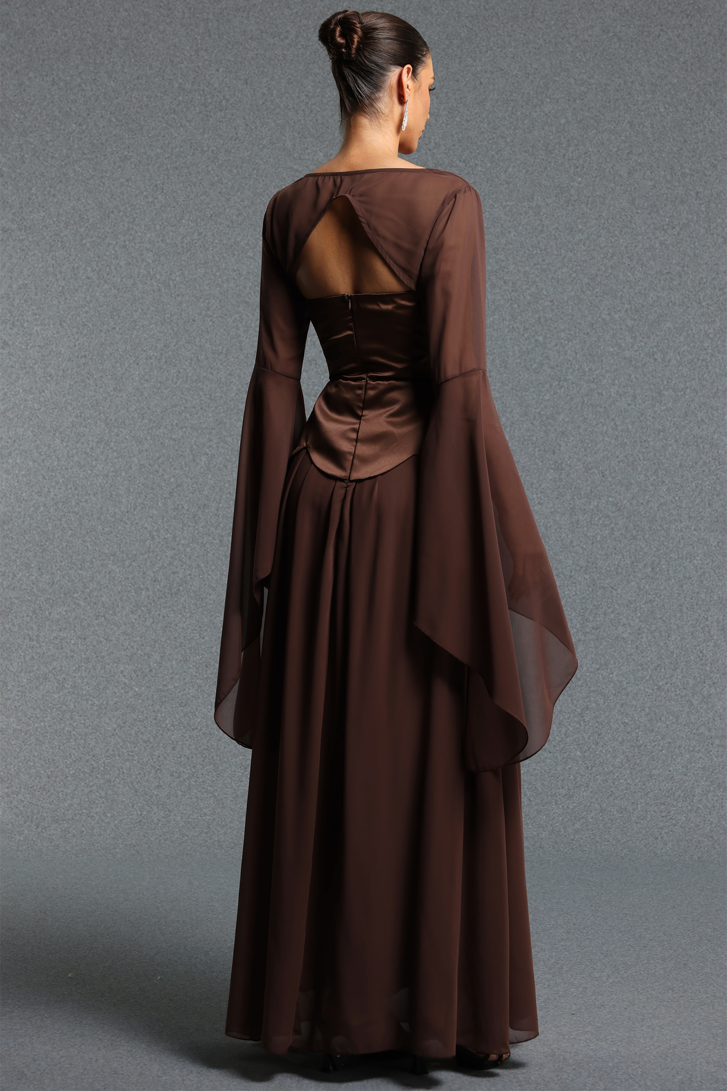 Yuni Elegant Flowy Sweetheart Neck Long Sleeve Beaded Chiffon Maxi Dress