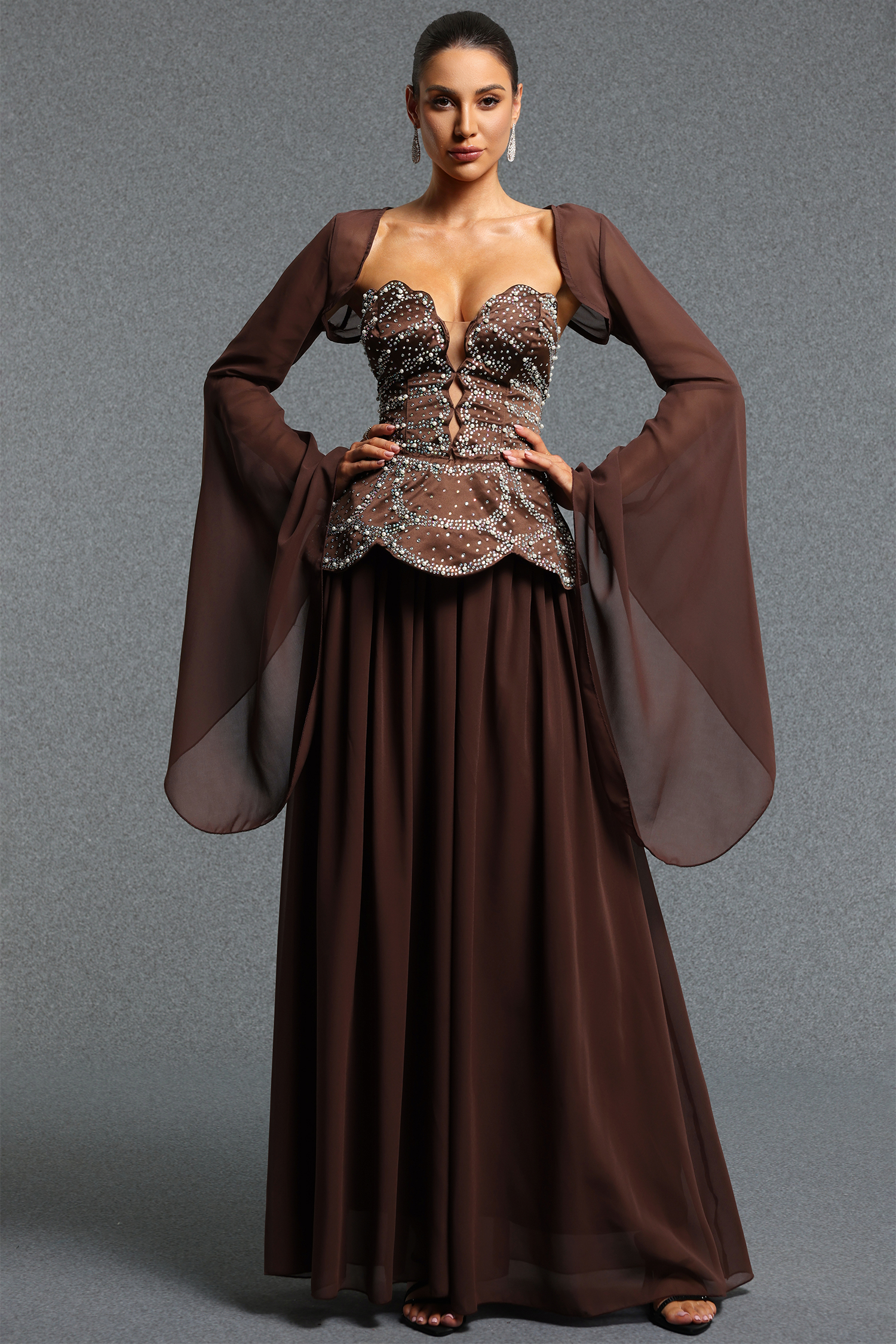 Yuni Elegant Flowy Sweetheart Neck Long Sleeve Beaded Chiffon Maxi Dress