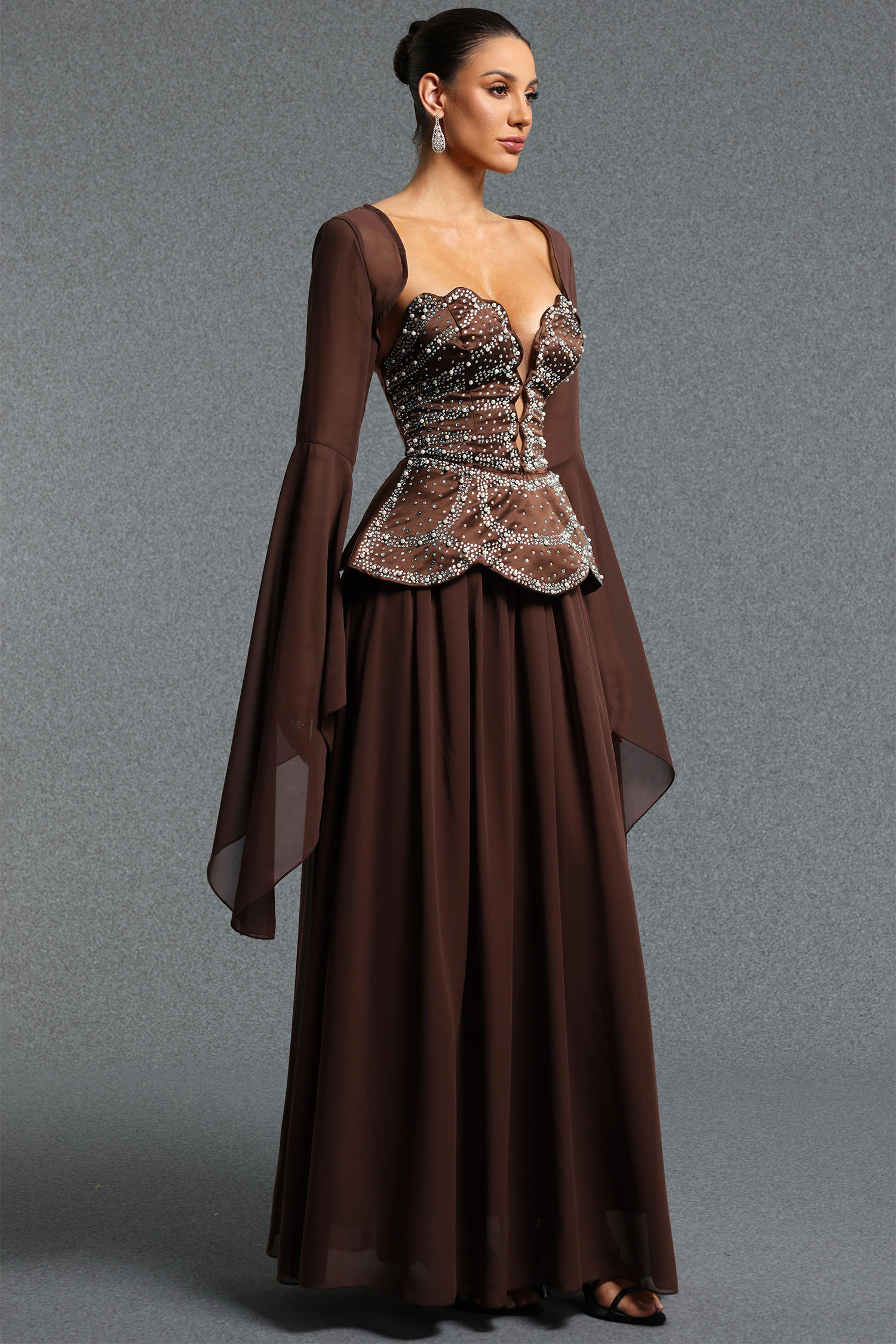 Yuni Elegant Flowy Sweetheart Neck Long Sleeve Beaded Chiffon Maxi Dress