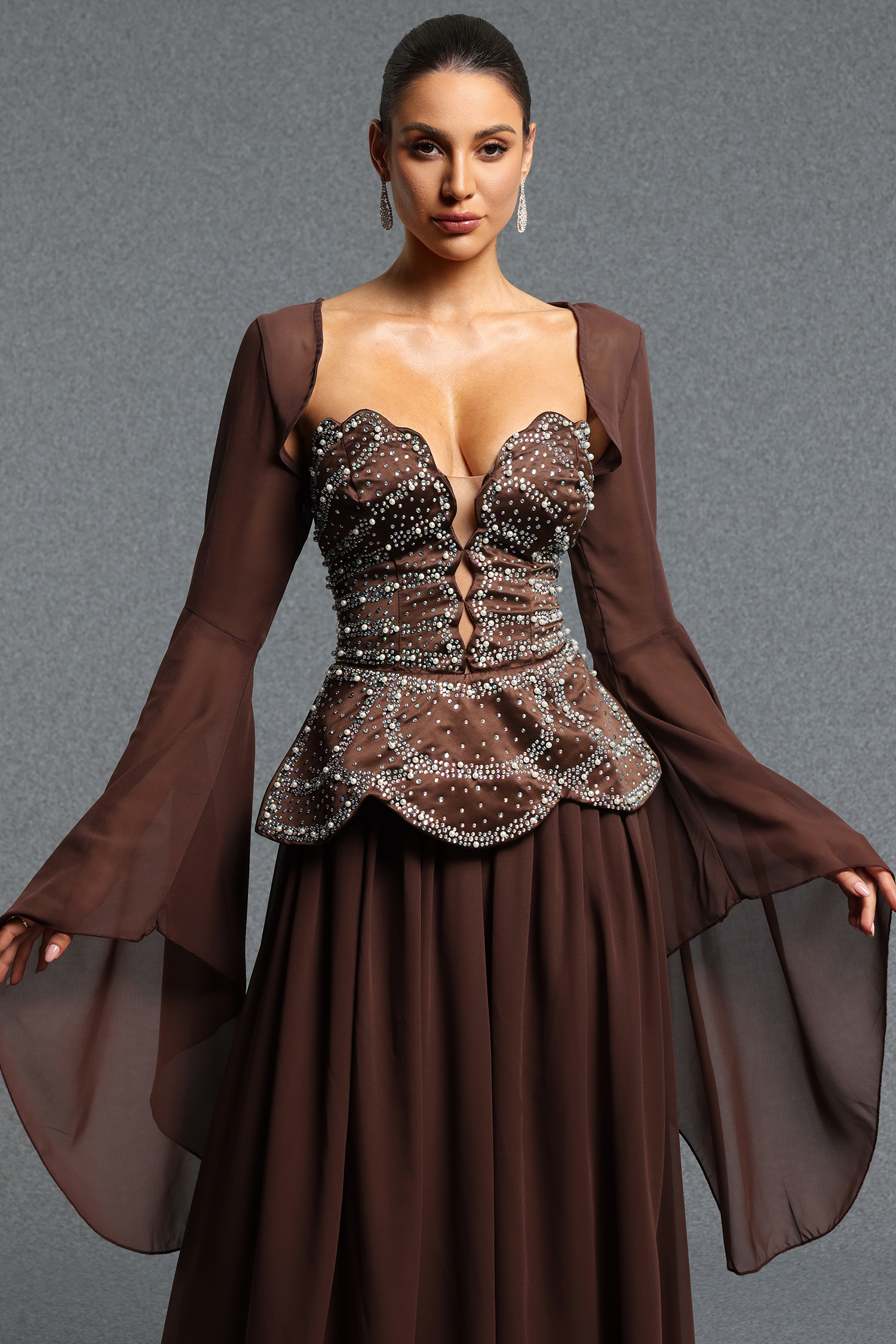Yuni Elegant Flowy Sweetheart Neck Long Sleeve Beaded Chiffon Maxi Dress