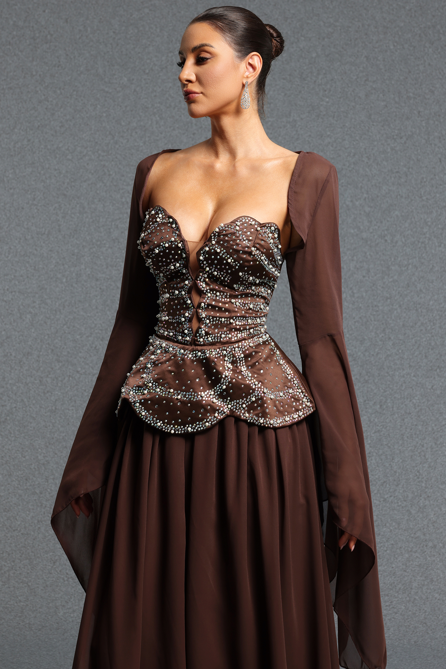Yuni Elegant Flowy Sweetheart Neck Long Sleeve Beaded Chiffon Maxi Dress
