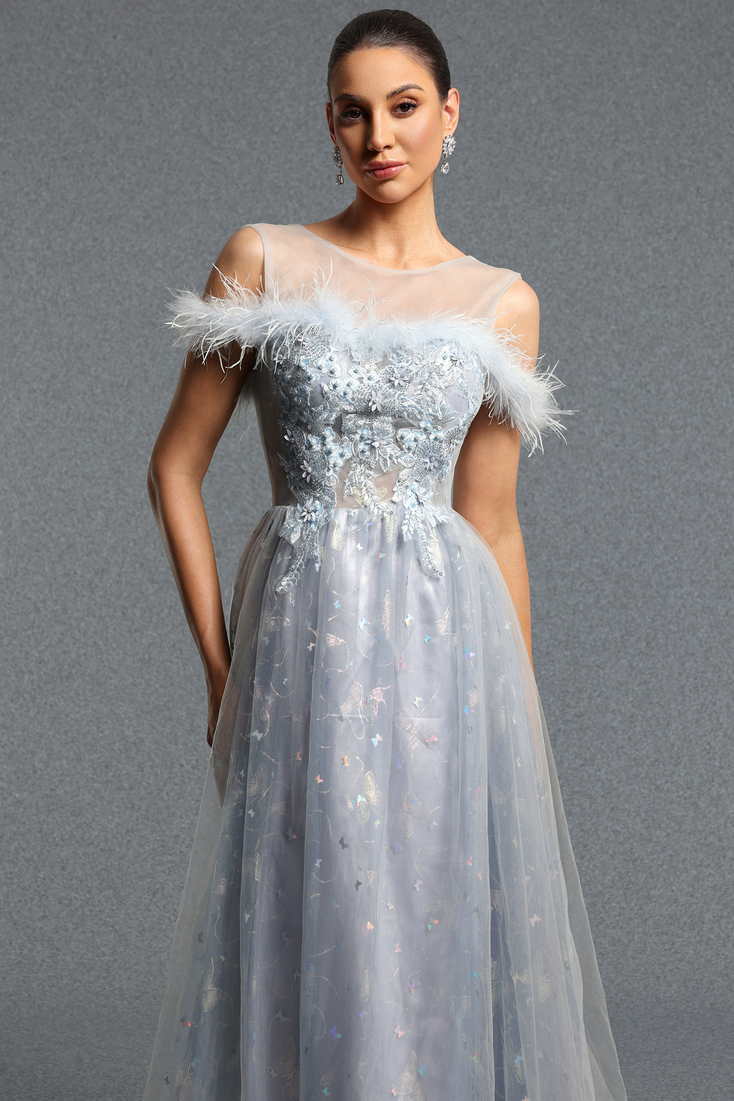 Pillnee Elegant Flowy Off Shoulder Feather Embroidered Mesh Maxi Dress
