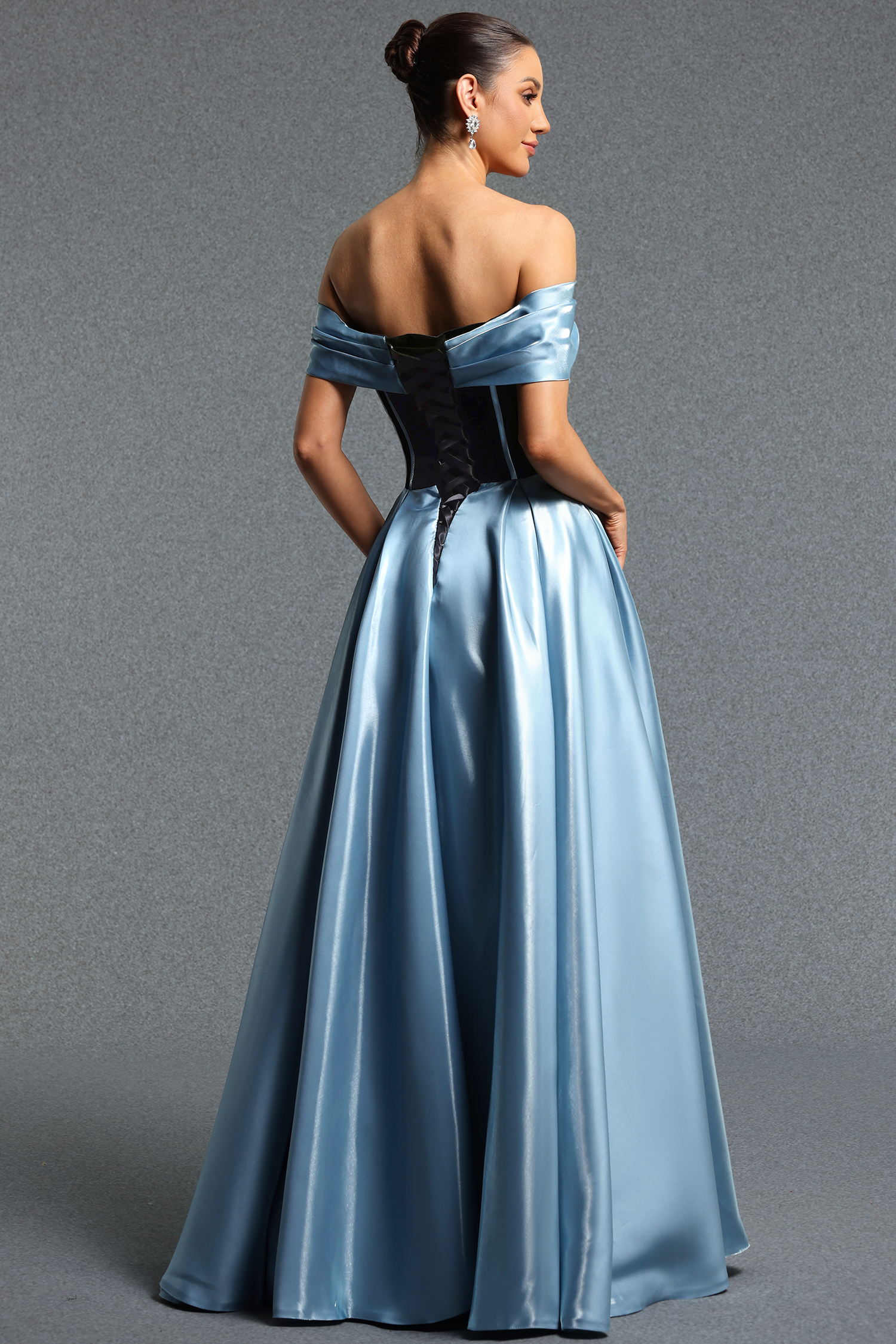 Yeney Elegant Flowy Off Shoulder Rhinestone Ruched Maxi Dress