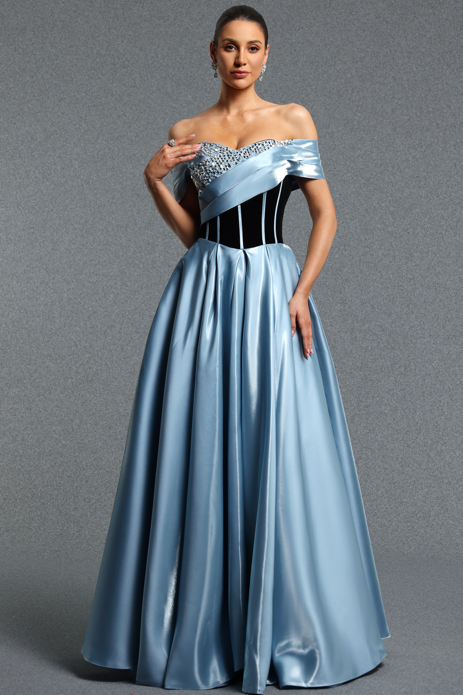 Yeney Elegant Flowy Off Shoulder Rhinestone Ruched Maxi Dress