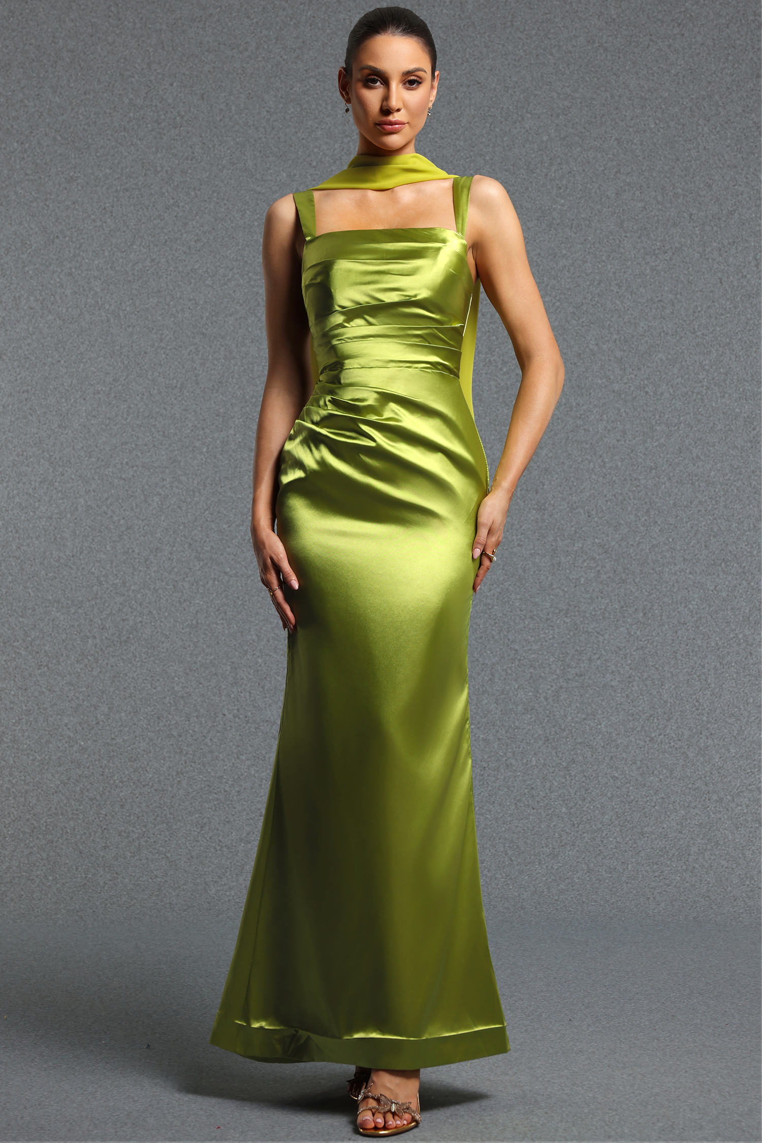 Lacey Classic Square Neck Sleeveless Ruched Satin Maxi Dress