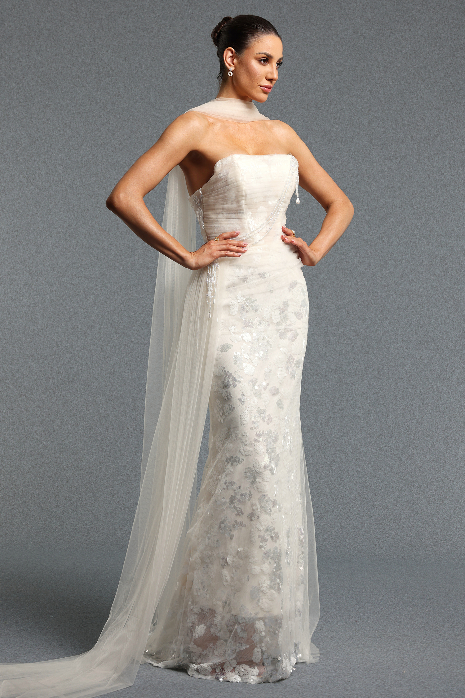 Sucia Classic Strapless Floral Tulle Mermaid Maxi Dress With Train