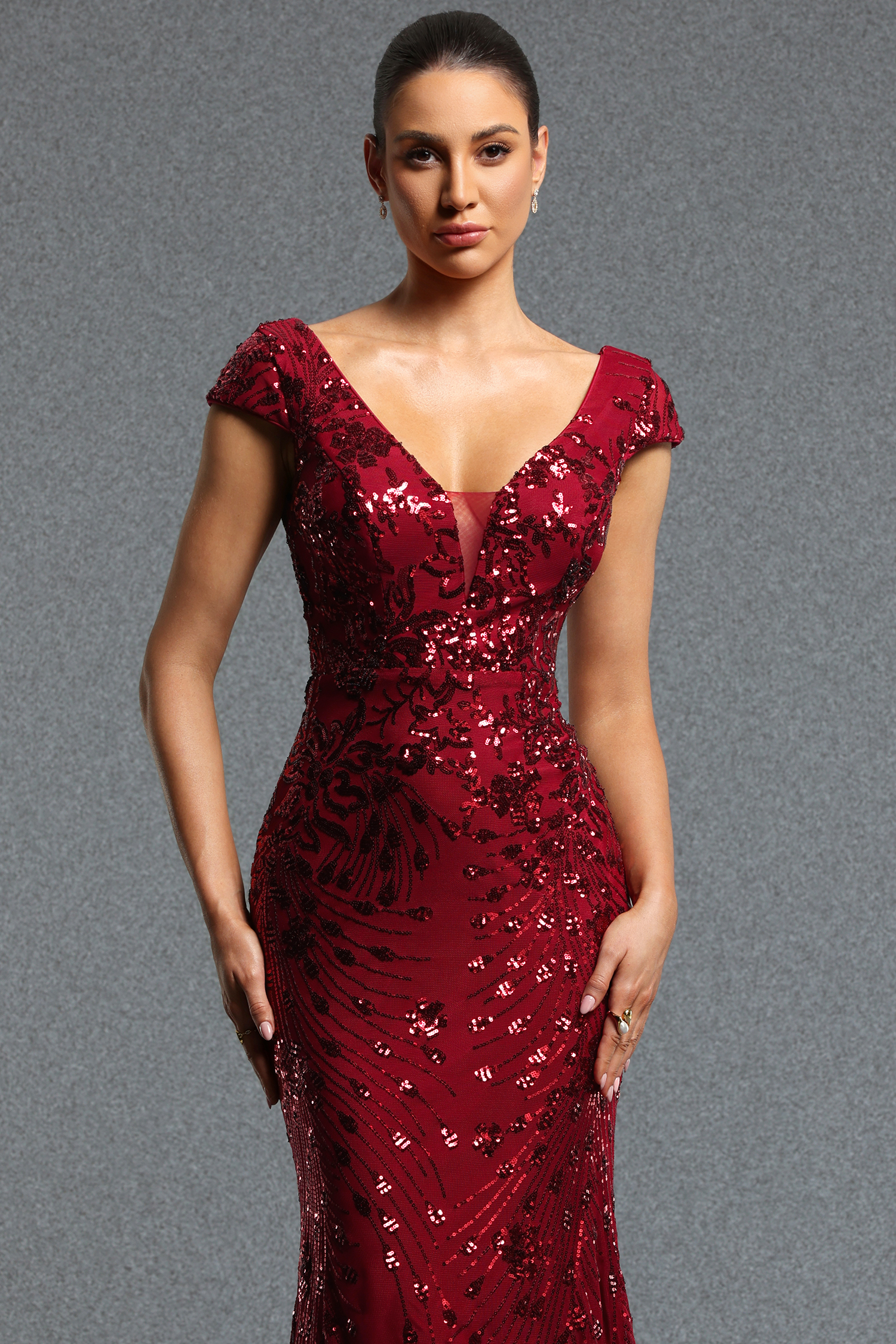 Isabeau Elegant V Neck Sequin Mermaid Red Maxi Dress