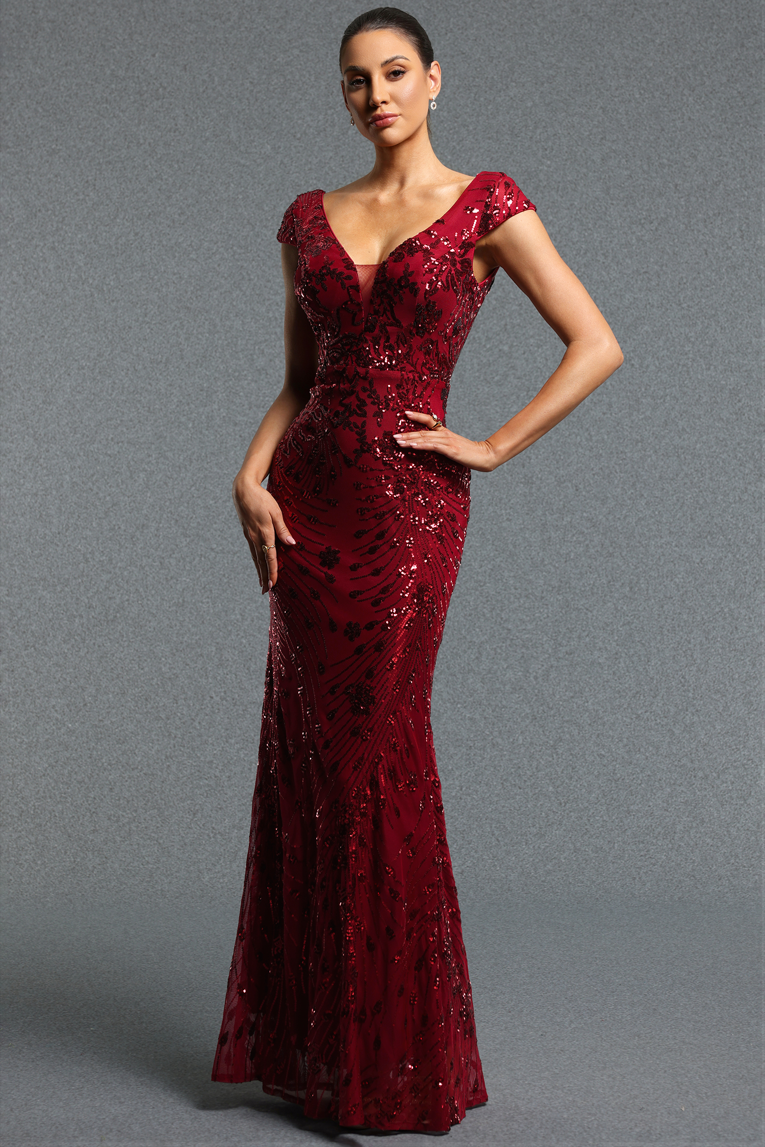 Isabeau Elegant V Neck Sequin Mermaid Red Maxi Dress