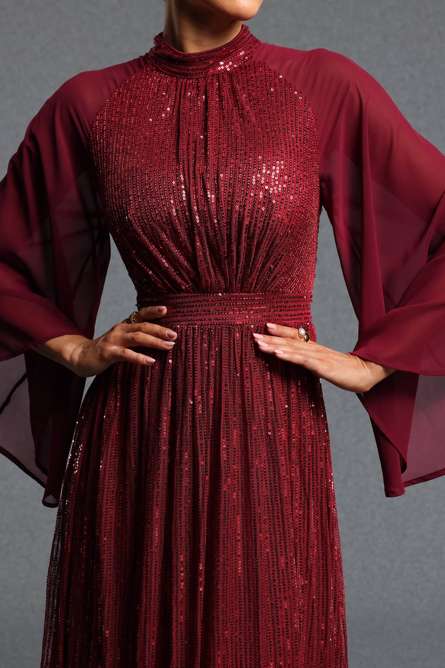 Fahrenheit Elegant Flowy High Neck Long Sleeve Sequin Pleated Chiffon Maxi Dress