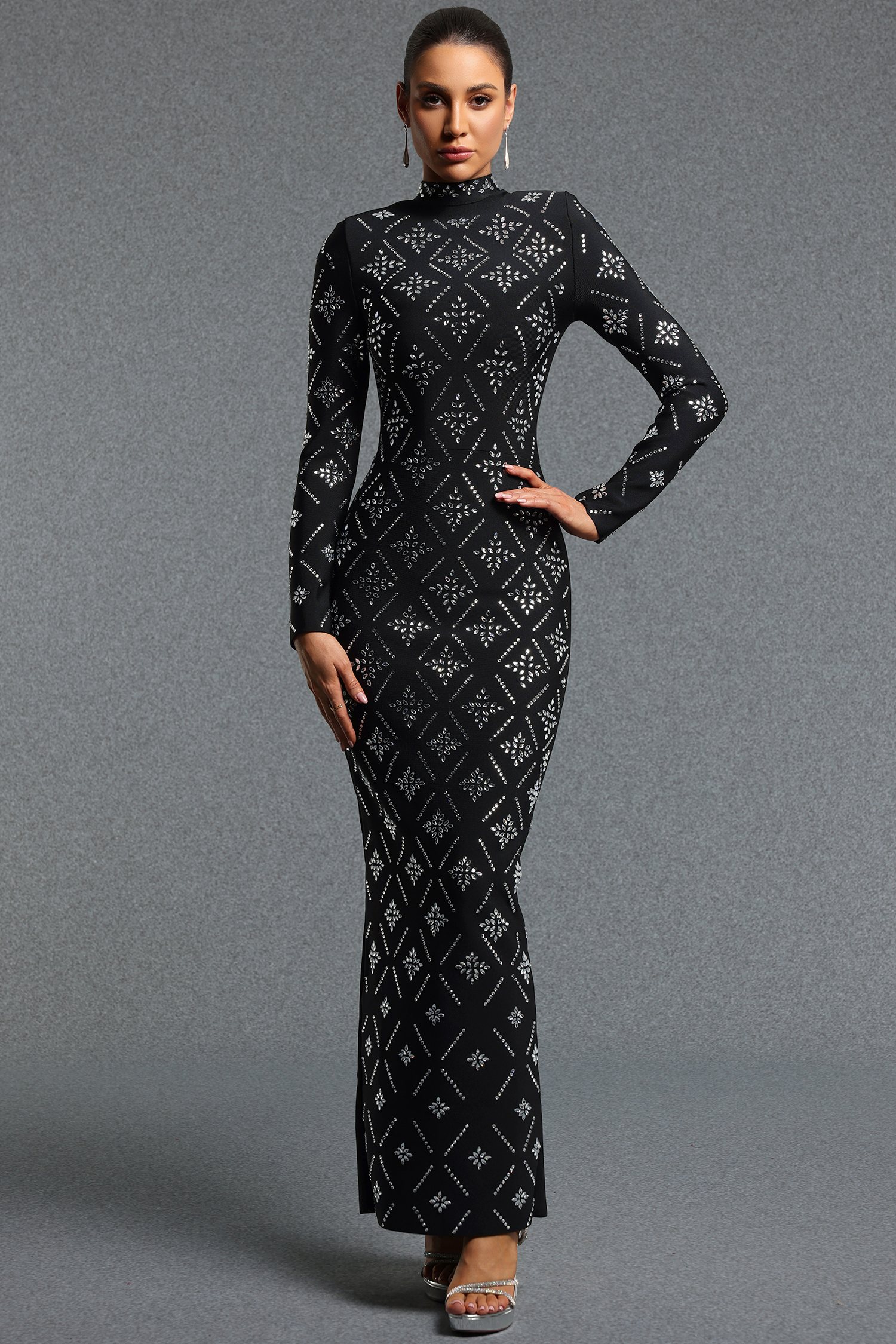 Yvonne Classic Contour High Neck Long Sleeve Rhinestone Bandage Maxi Dress