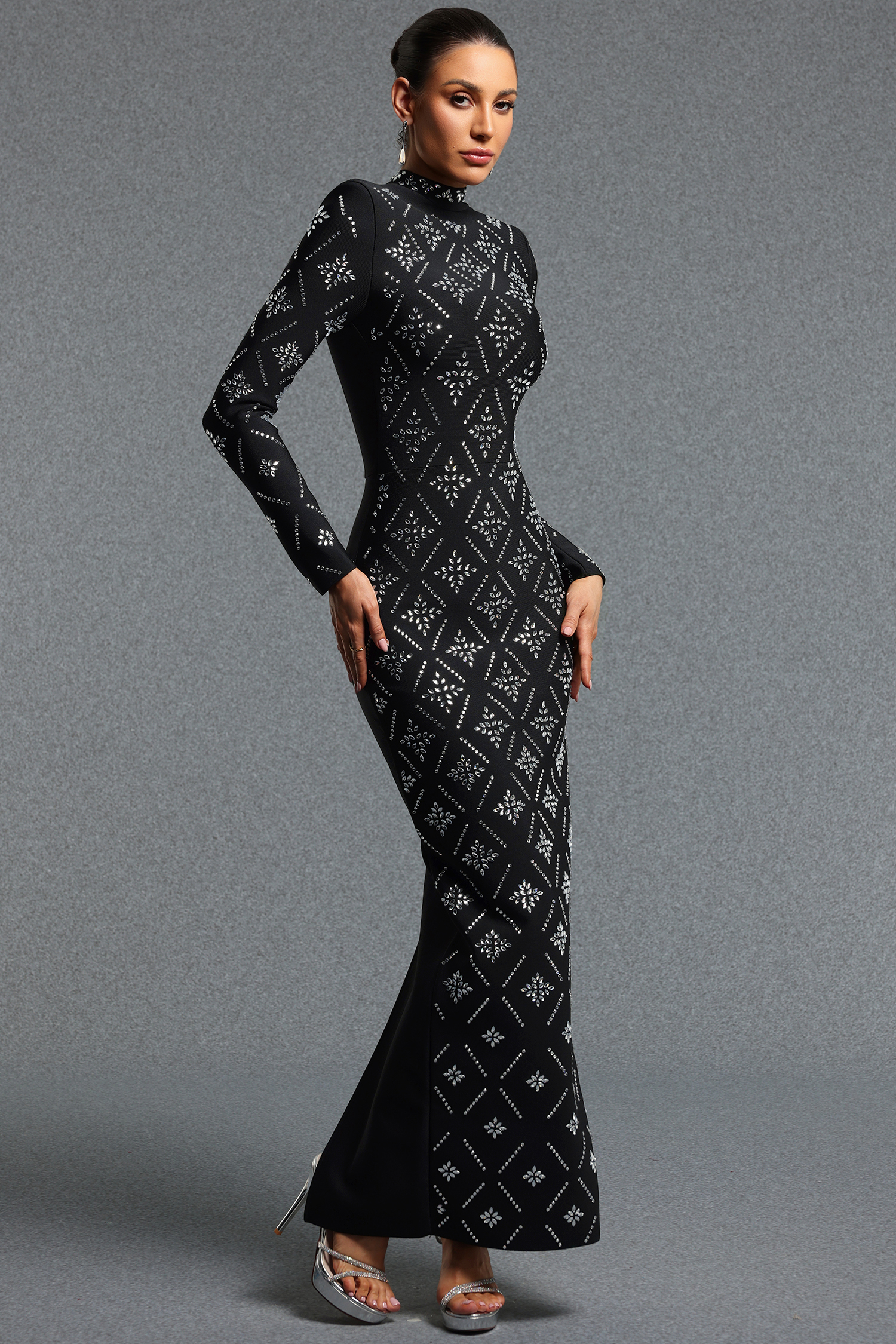 Yvonne Classic Contour High Neck Long Sleeve Rhinestone Bandage Maxi Dress