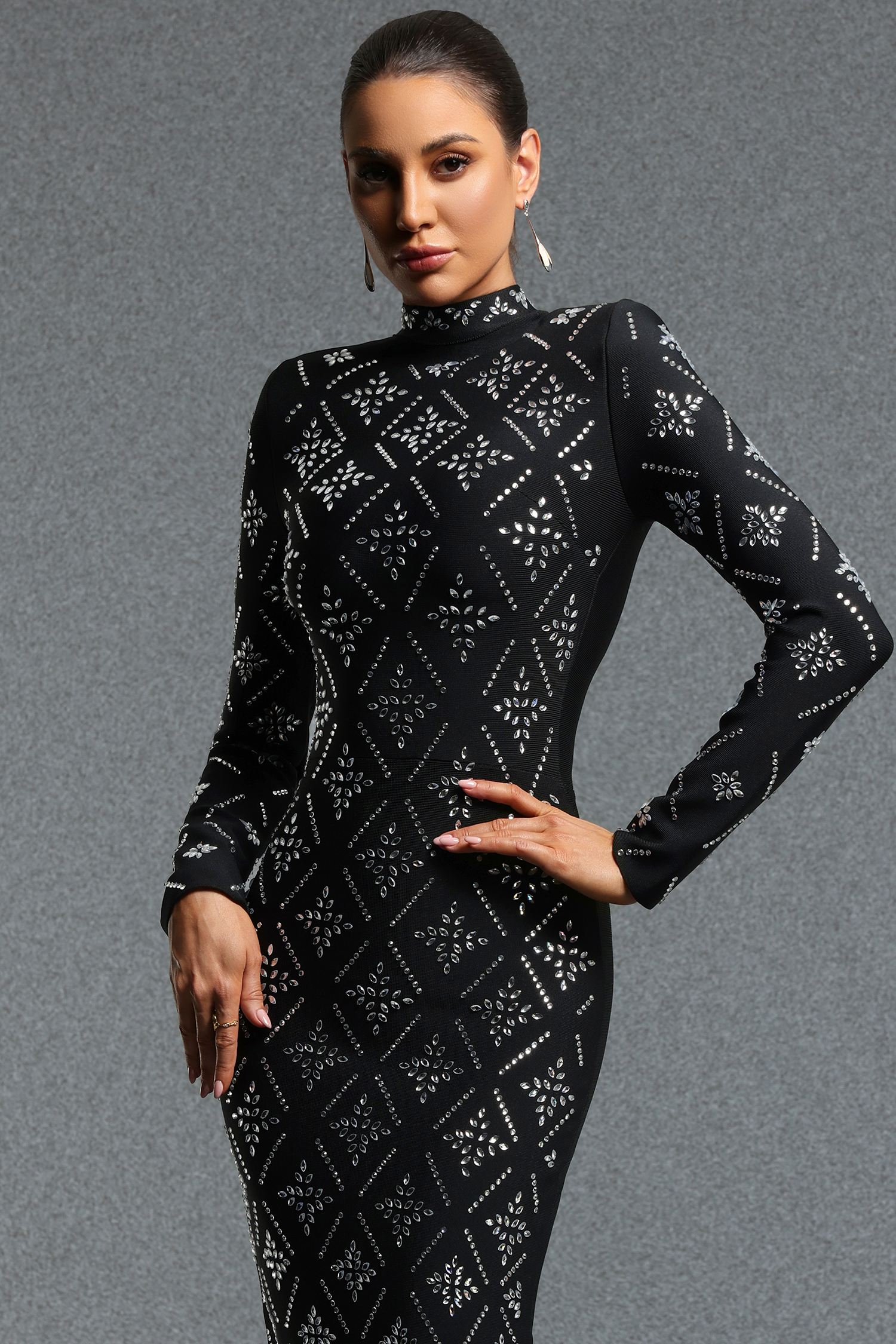 Yvonne Classic Contour High Neck Long Sleeve Rhinestone Bandage Maxi Dress