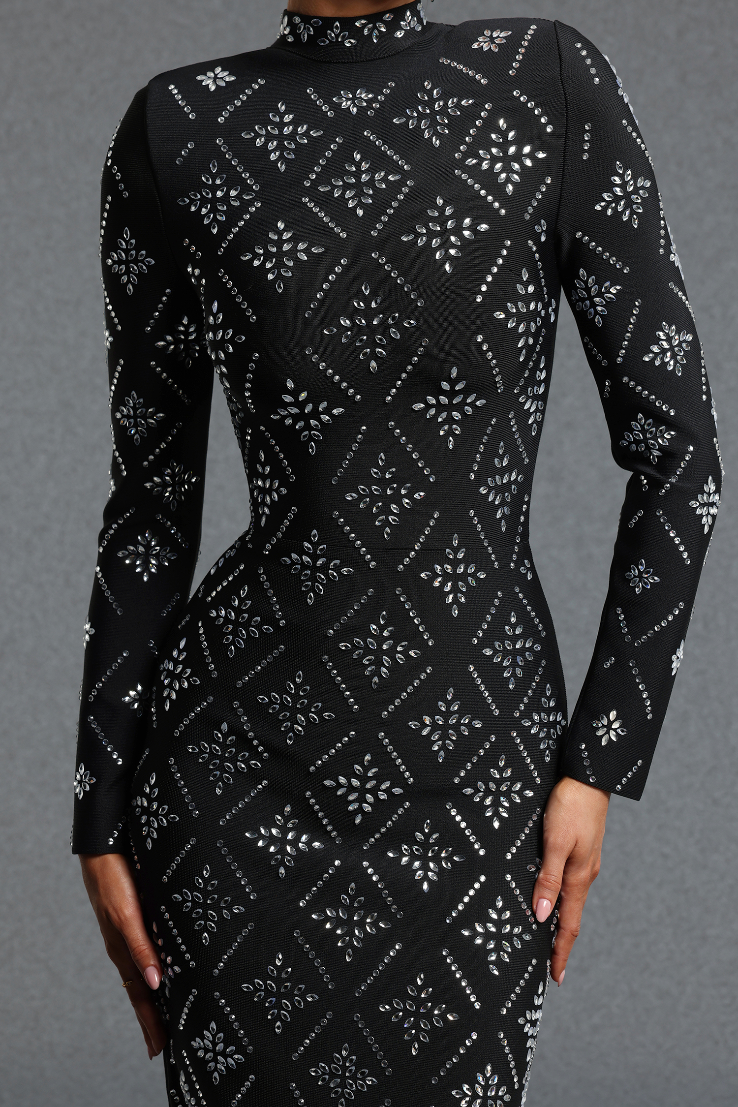 Yvonne Classic Contour High Neck Long Sleeve Rhinestone Bandage Maxi Dress