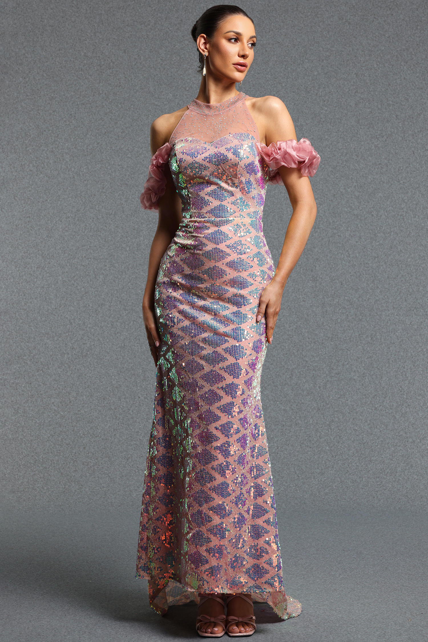 Xezey Elegant Halter Tulle Ruffle Iridescent Sequin Mermaid Maxi Dress