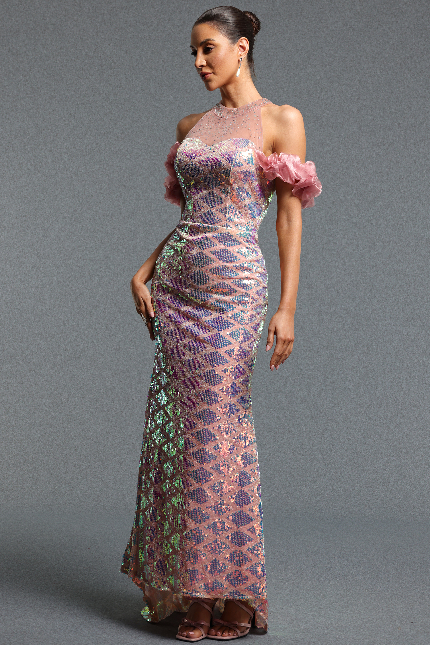 Xezey Elegant Halter Tulle Ruffle Iridescent Sequin Mermaid Maxi Dress