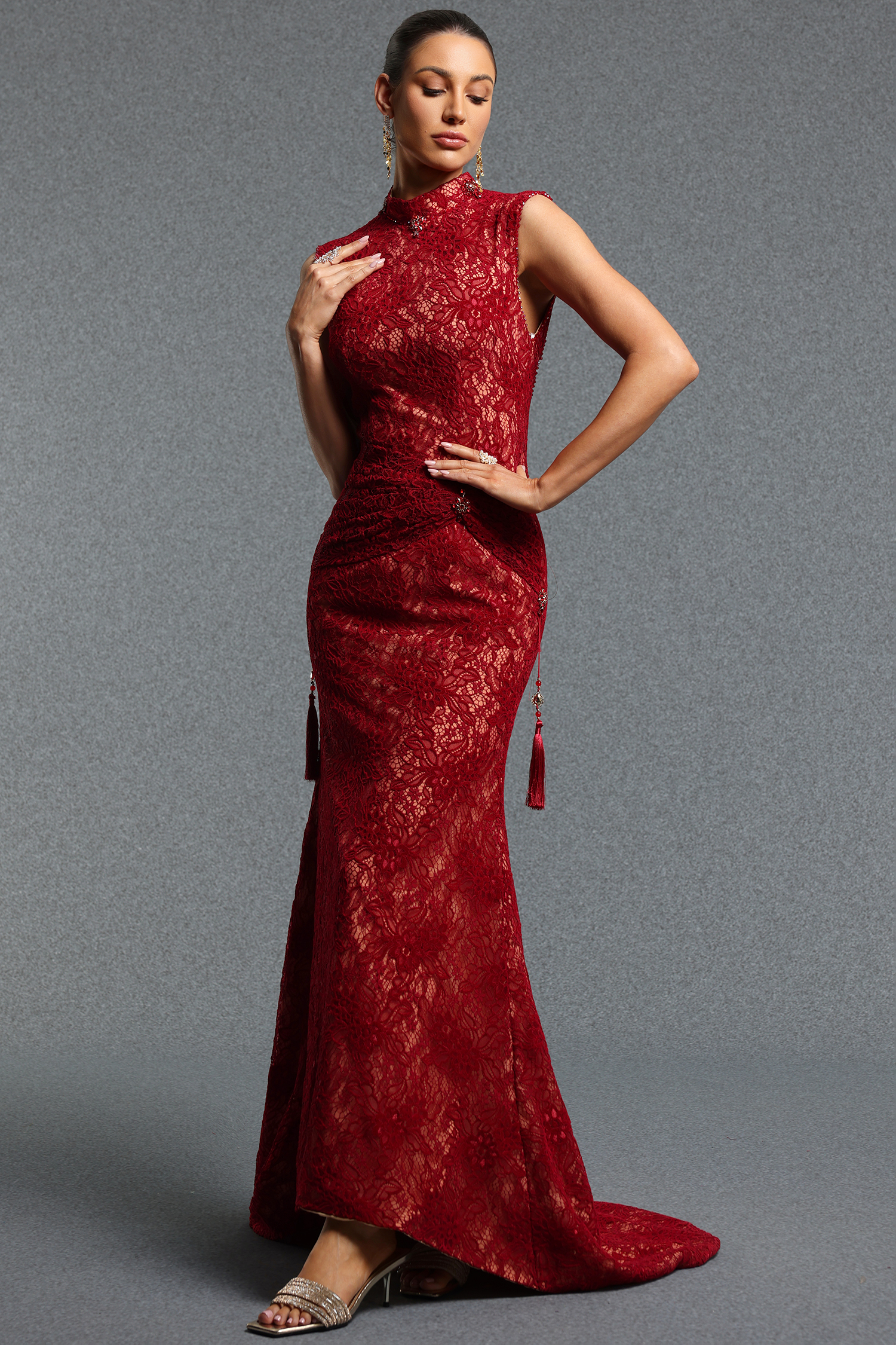 Kaiser Elegant Contour High Neck Sleeveless Lace Tassel Maxi Dress