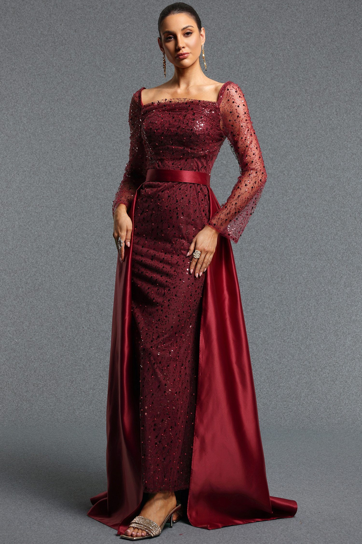 Taliyah Classic Square Neck Long Sleeve Sequin Detachable Cape Maxi Dress