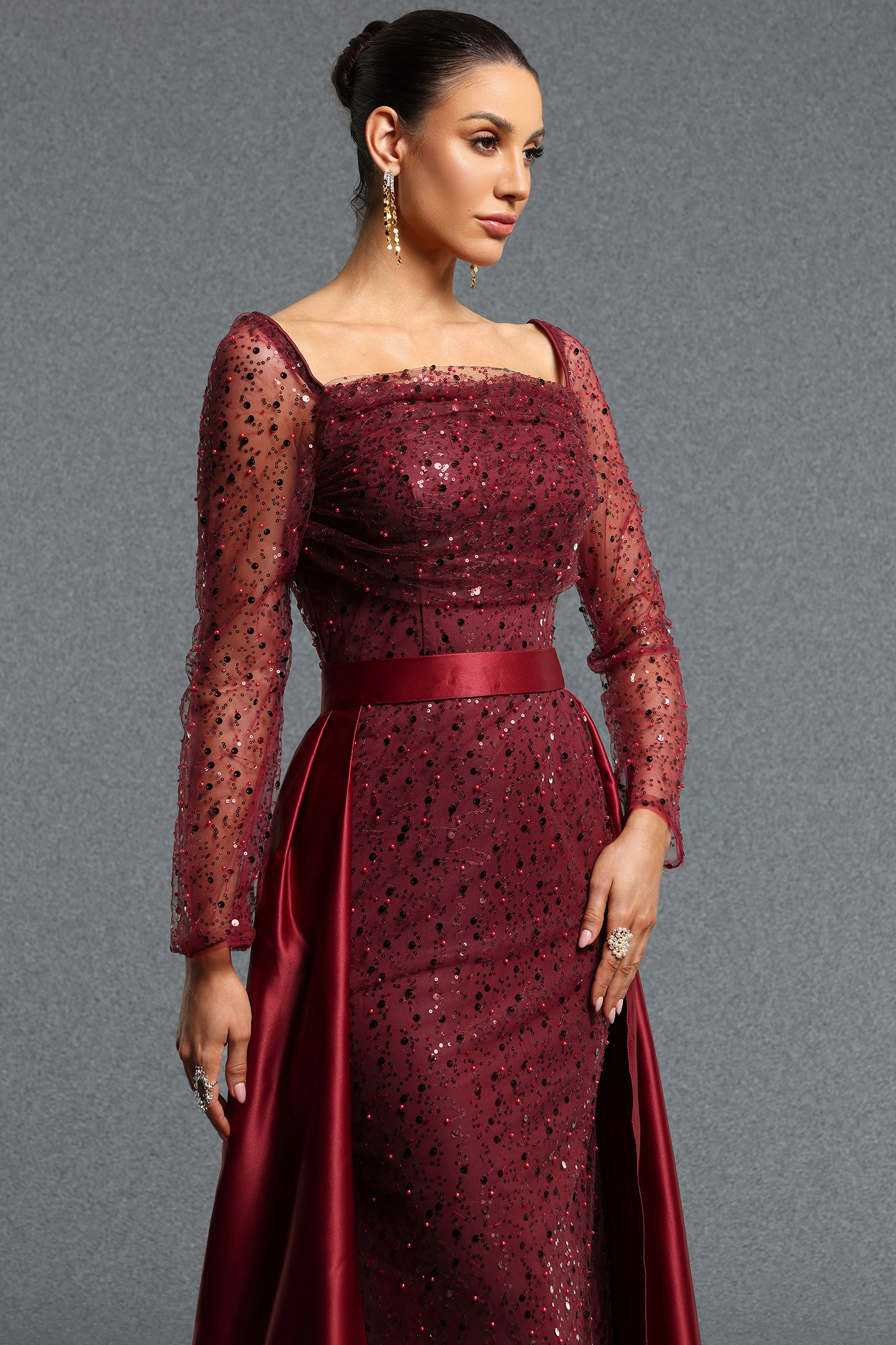 Taliyah Classic Square Neck Long Sleeve Sequin Detachable Cape Maxi Dress