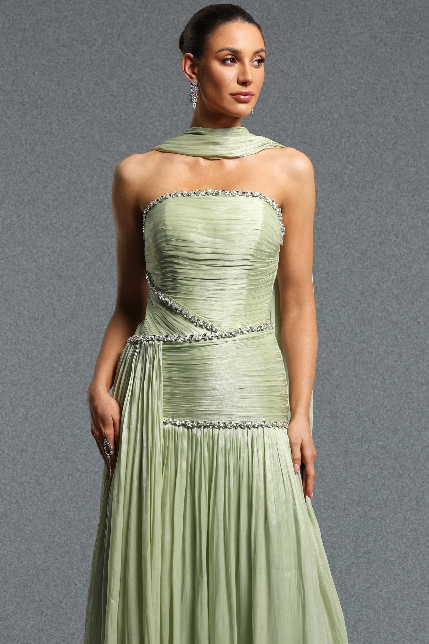 Ditala Classic Strapless Pleated Rhinestone Shawl Maxi Dres