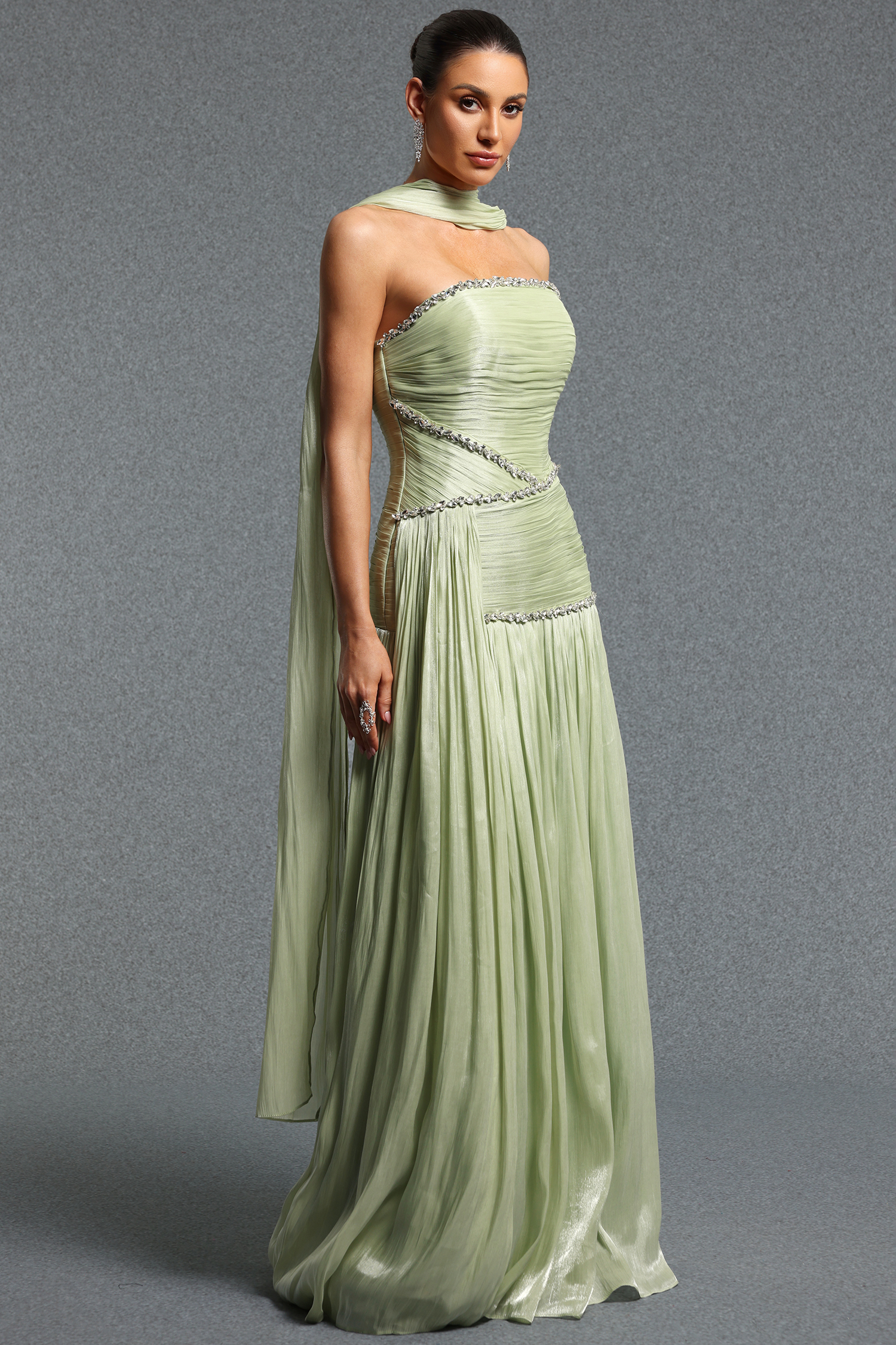 Ditala Classic Strapless Pleated Rhinestone Shawl Maxi Dres