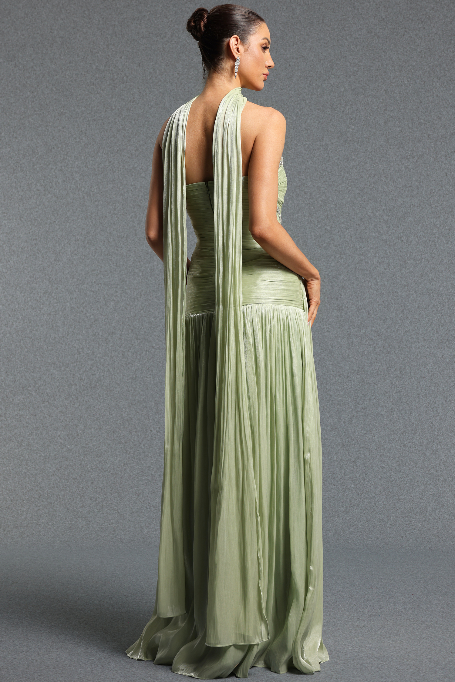 Ditala Classic Strapless Pleated Rhinestone Shawl Maxi Dres