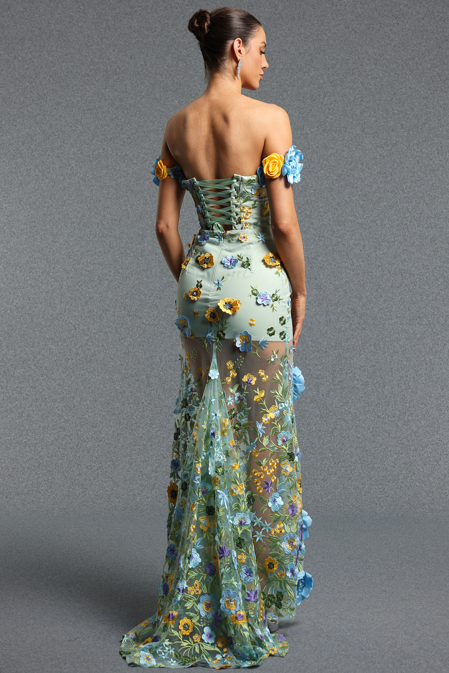 Kaci Classic Off Shoulder Multicolor Floral Tulle Mermaid Maxi Dress