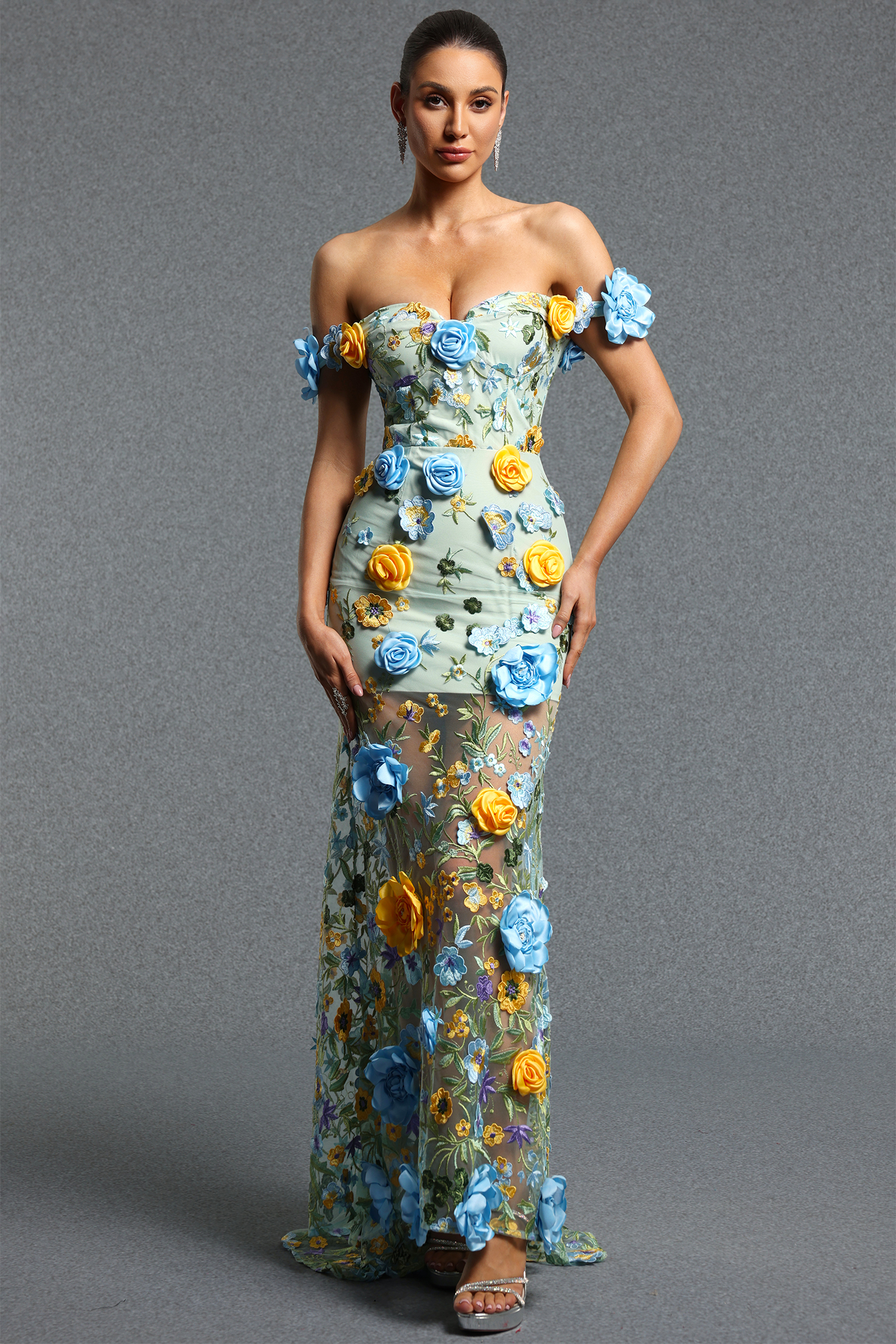 Kaci Classic Off Shoulder Multicolor Floral Tulle Mermaid Maxi Dress